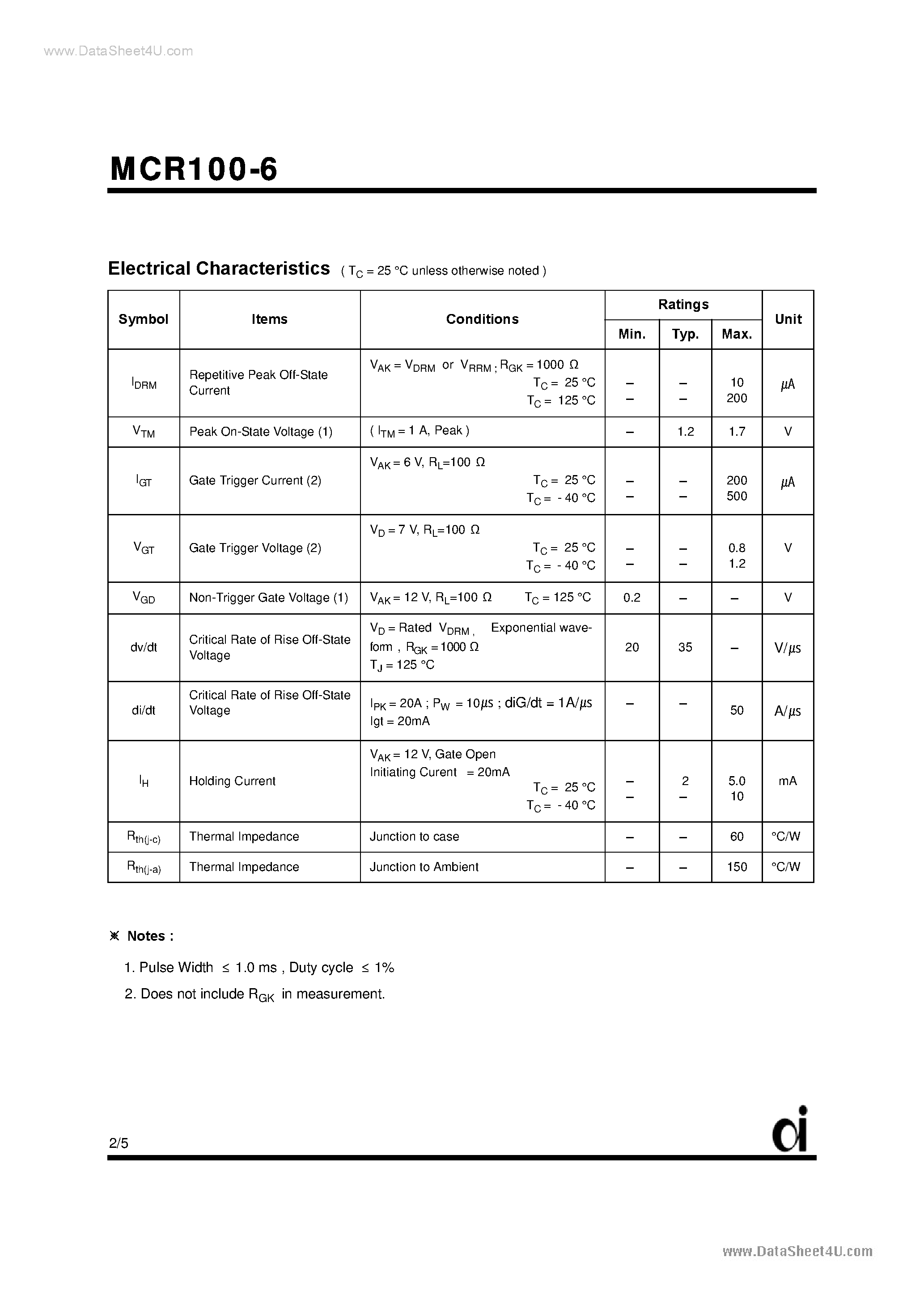 Datasheet MCR100-6 page 2 Datasheet MCR100-6 - Standard Gate SCR page 2