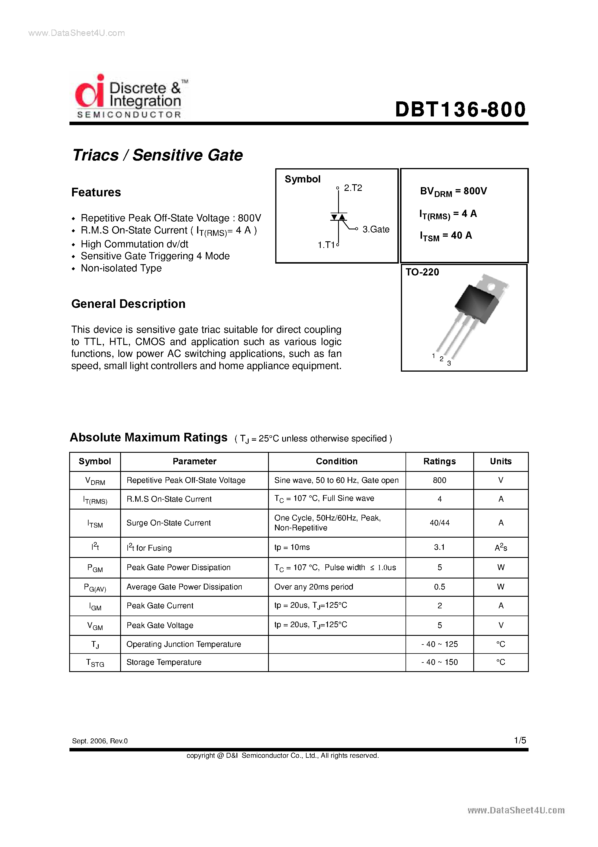 Datasheet DBT136-800 - Triacs page 1