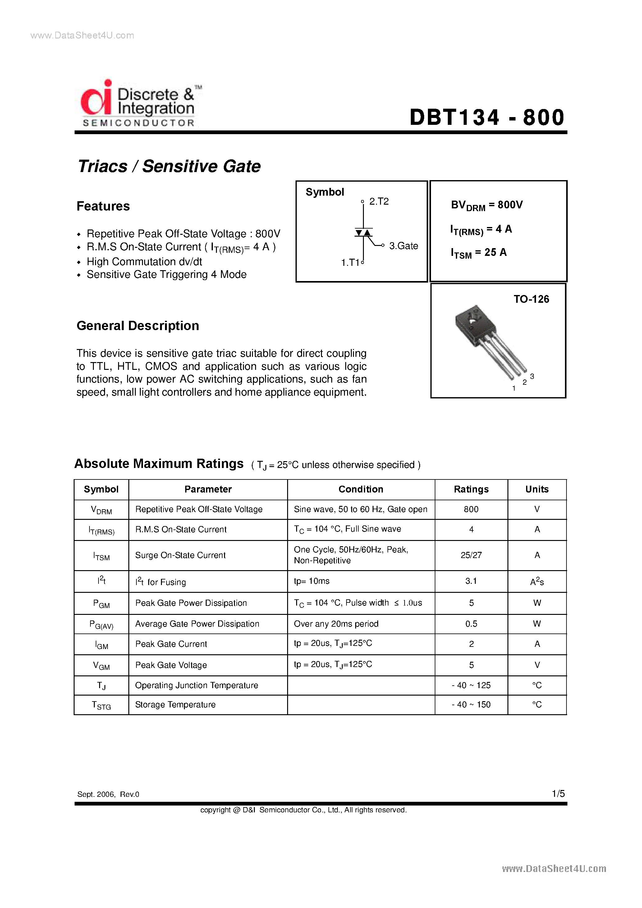 Datasheet DBT134-800 - Triacs page 1