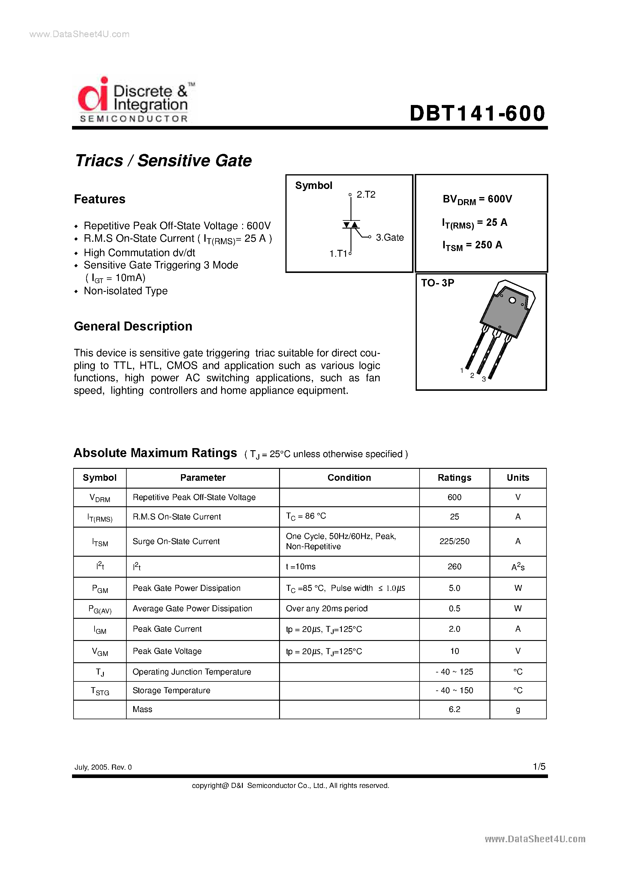 Datasheet DBT141-600 - Triacs page 1