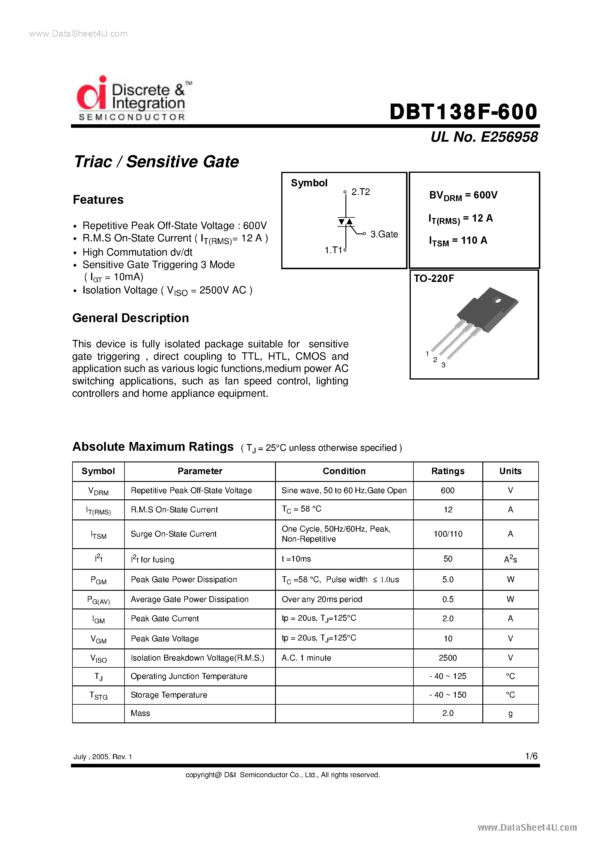 Datasheet DBT138F-600 - Triacs page 1