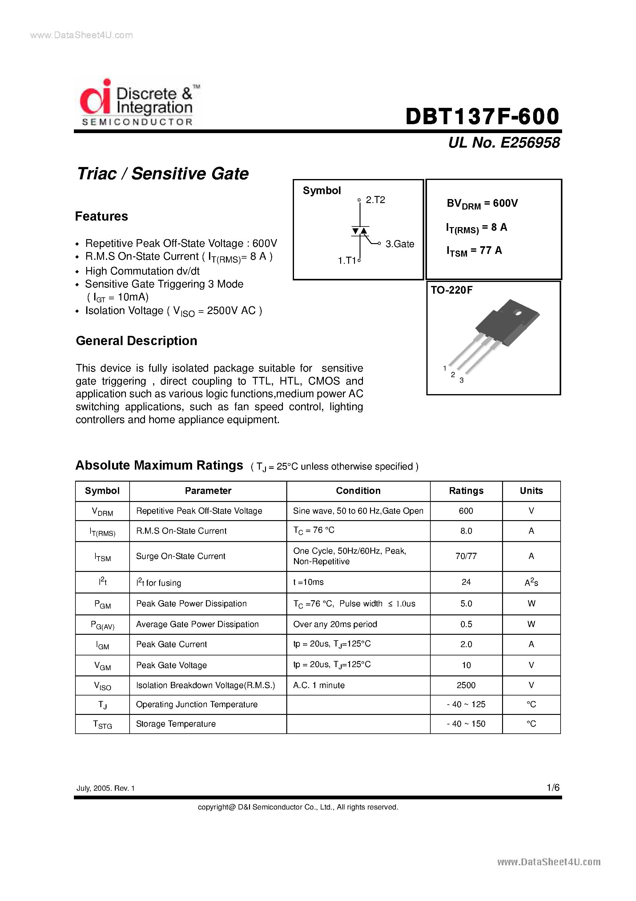 Datasheet DBT137F-600 page 1 Datasheet DBT137F-600 - Triacs page 1