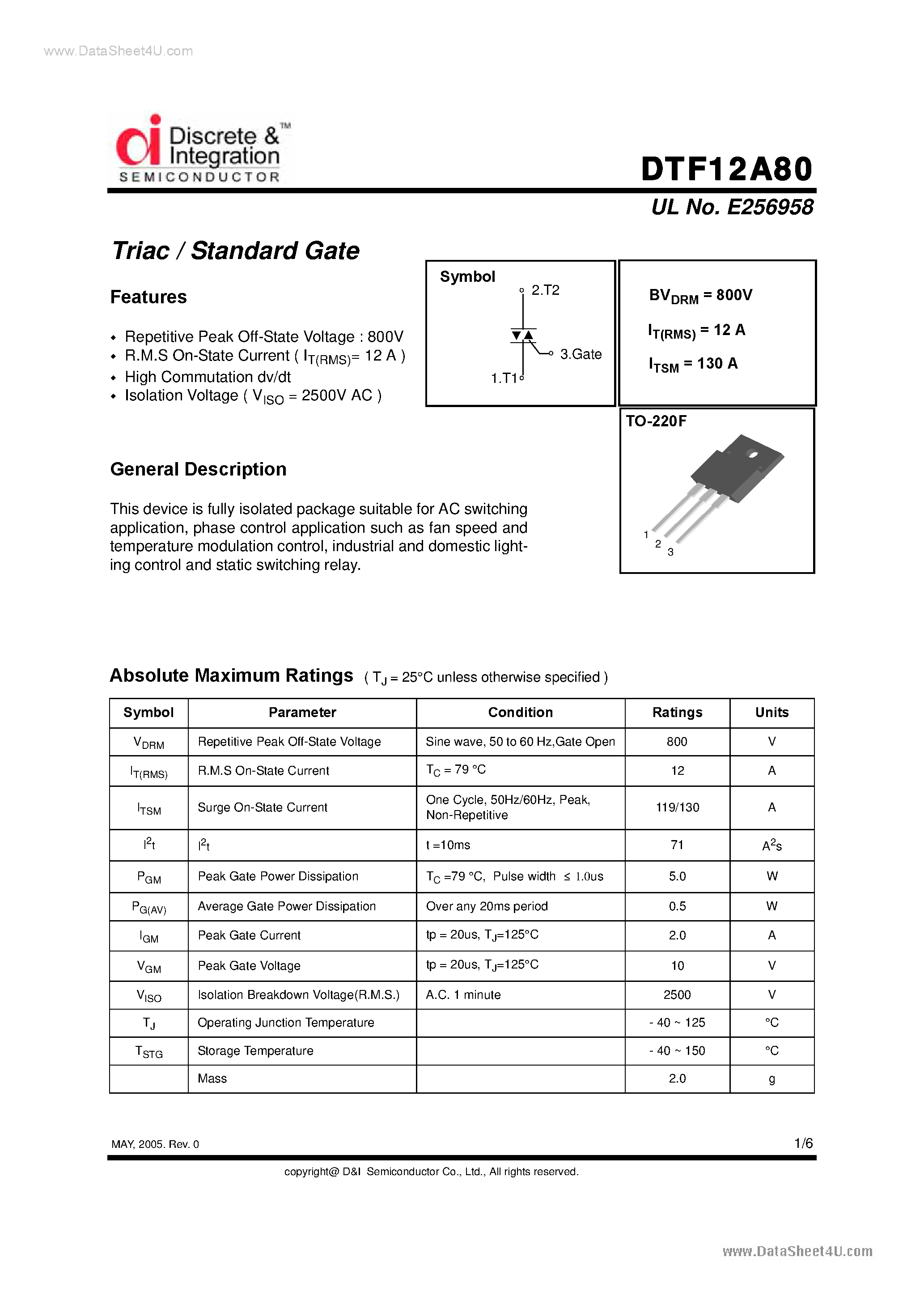 Datasheet DTF12A80 - Triacs page 1