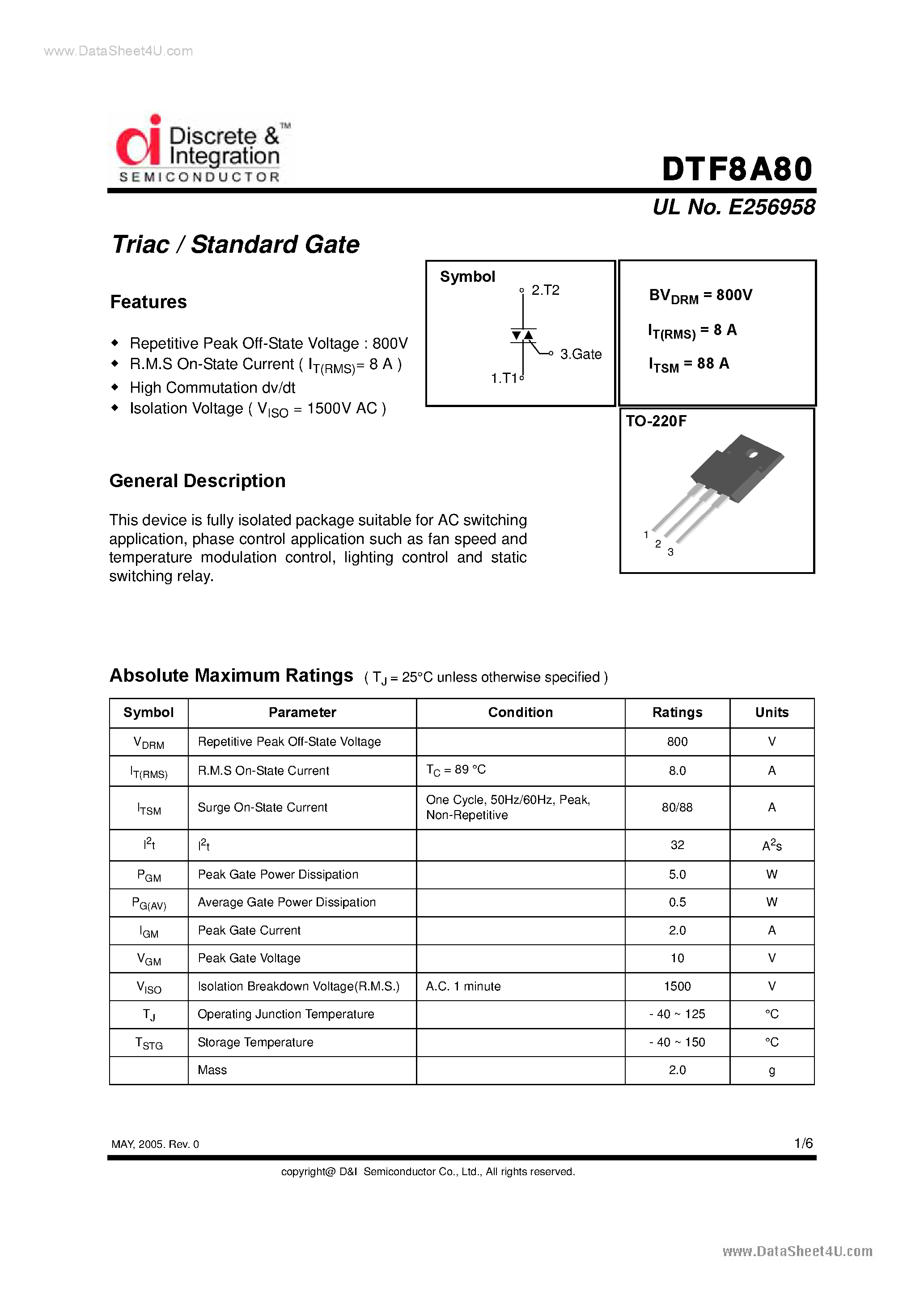 Datasheet DTF8A80 - Triacs page 1