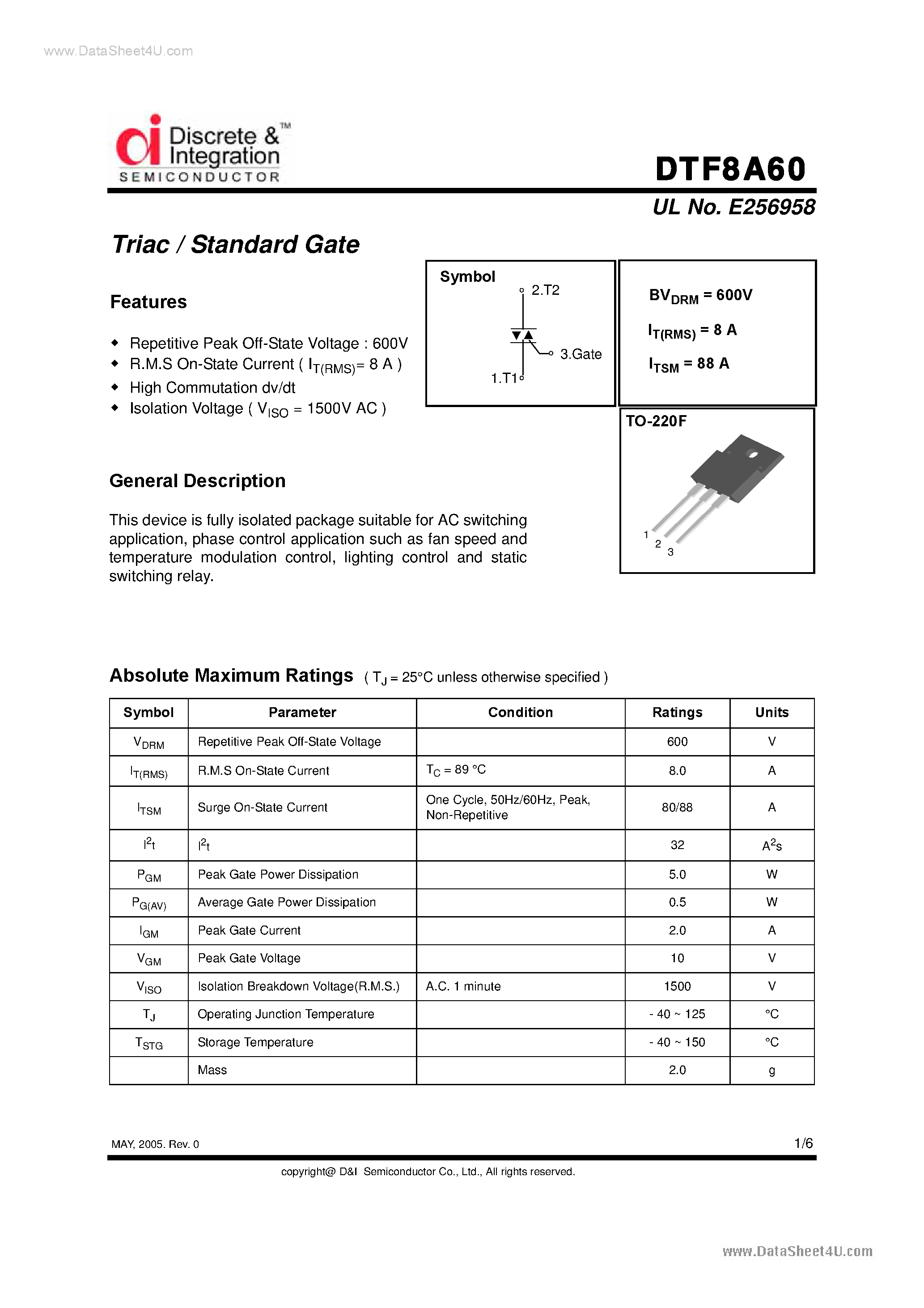 Datasheet DTF8A60 page 1 Datasheet DTF8A60 - Triacs page 1