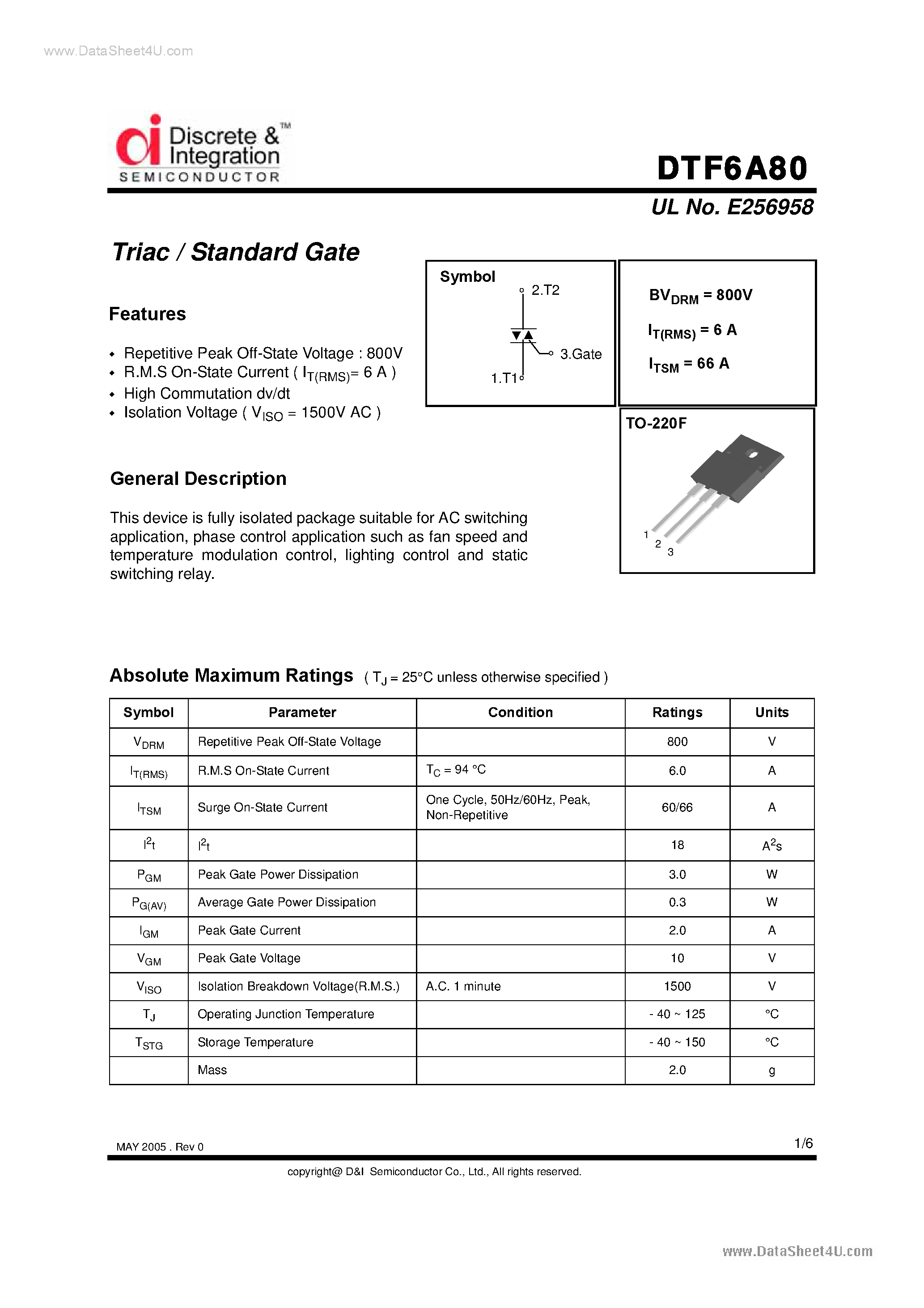 Datasheet DTF6A80 - Triacs page 1