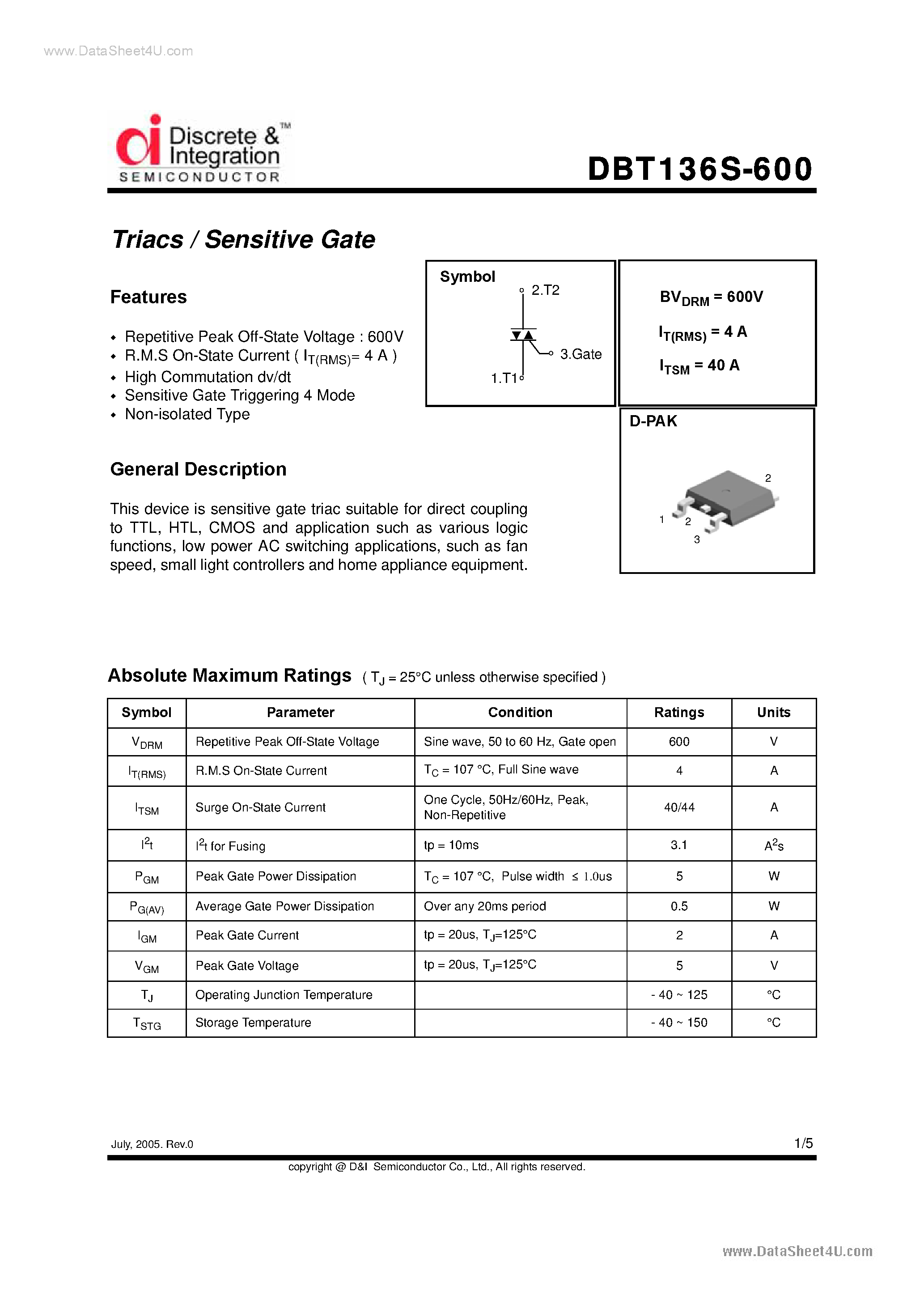 Datasheet DBT136S-600 - Triacs page 1