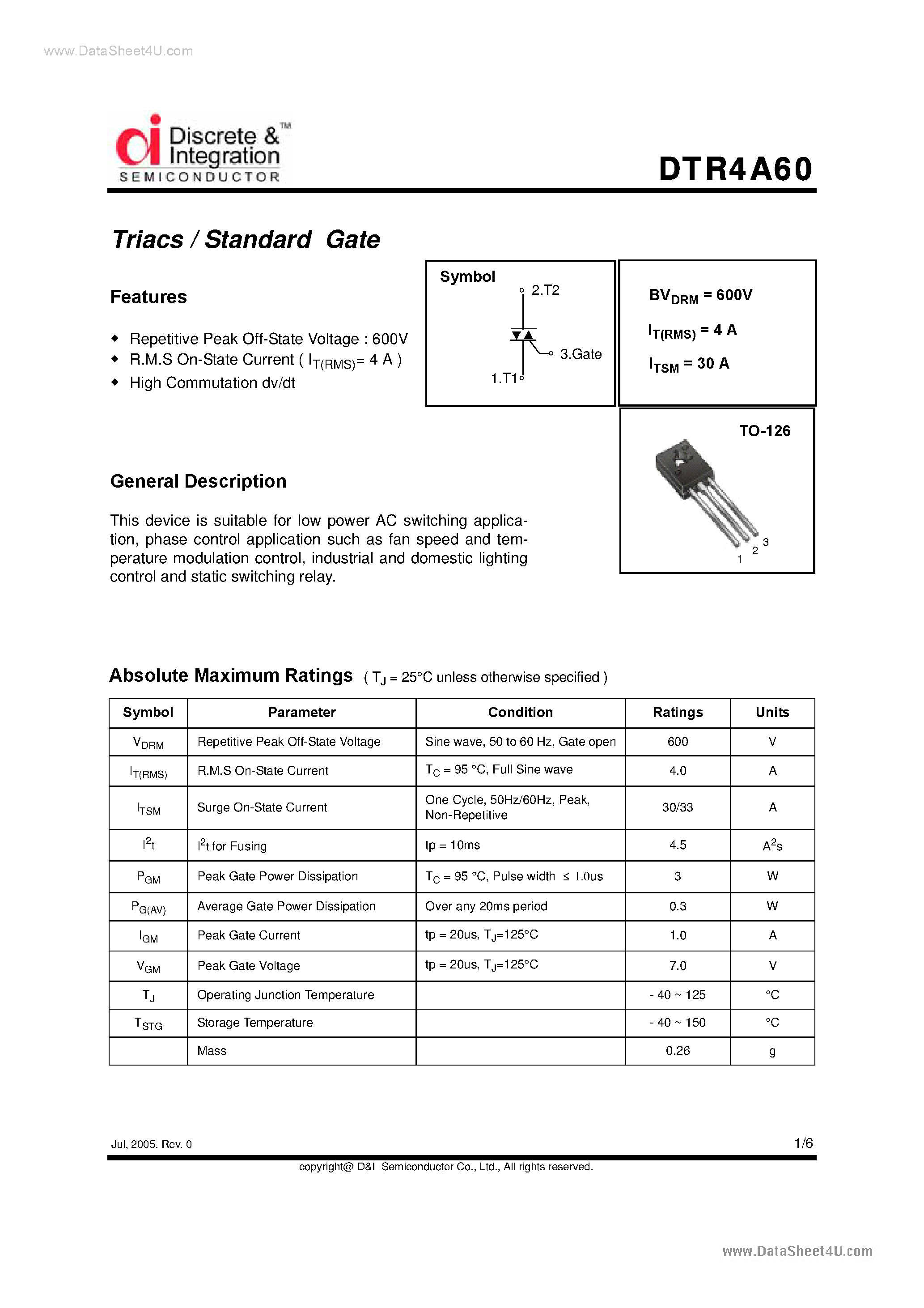 Datasheet DTR4A60 - Triacs page 1