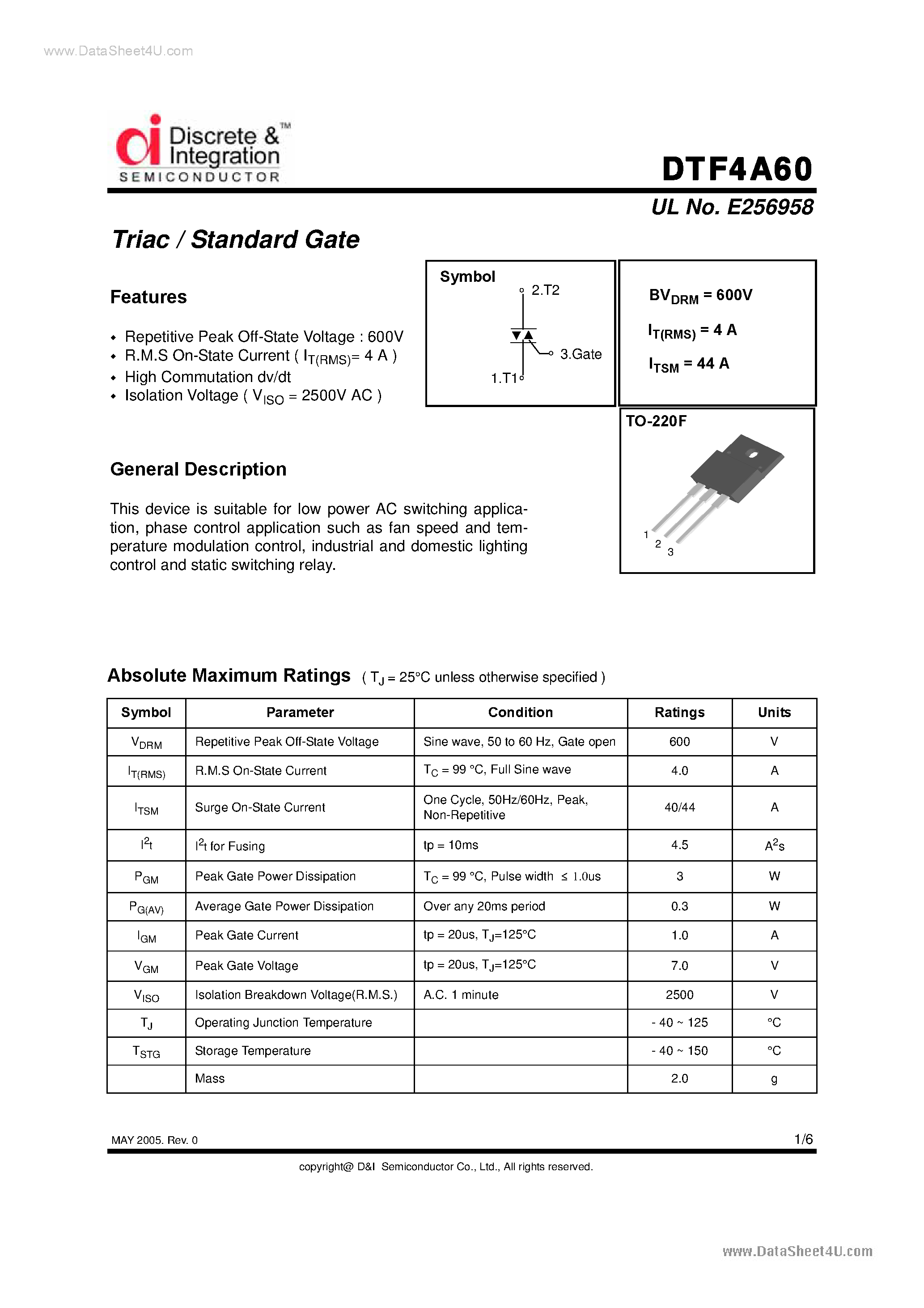 Datasheet DTF4A60 - Triacs page 1