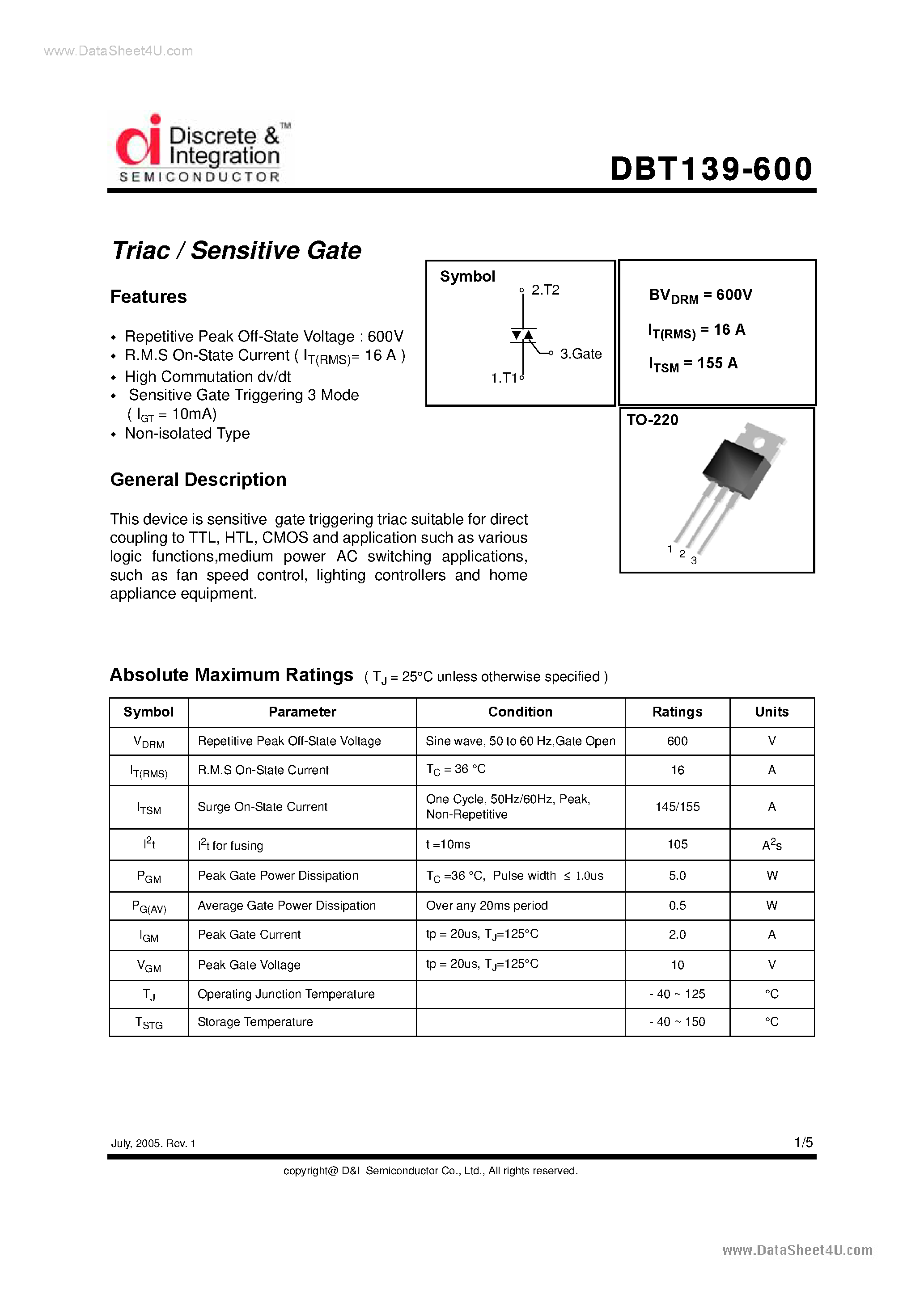Datasheet DBT139-600 - Triacs page 1