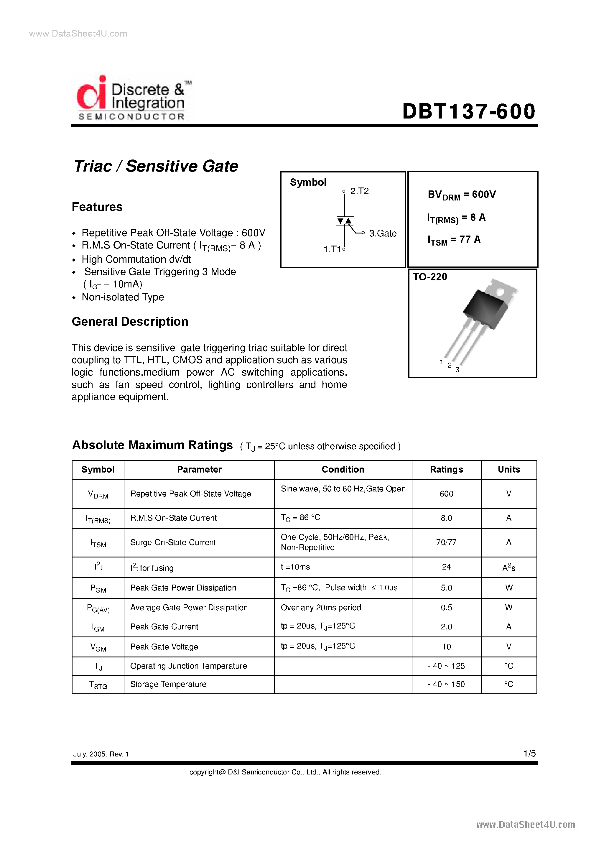 Datasheet DBT137-600 - Triacs page 1