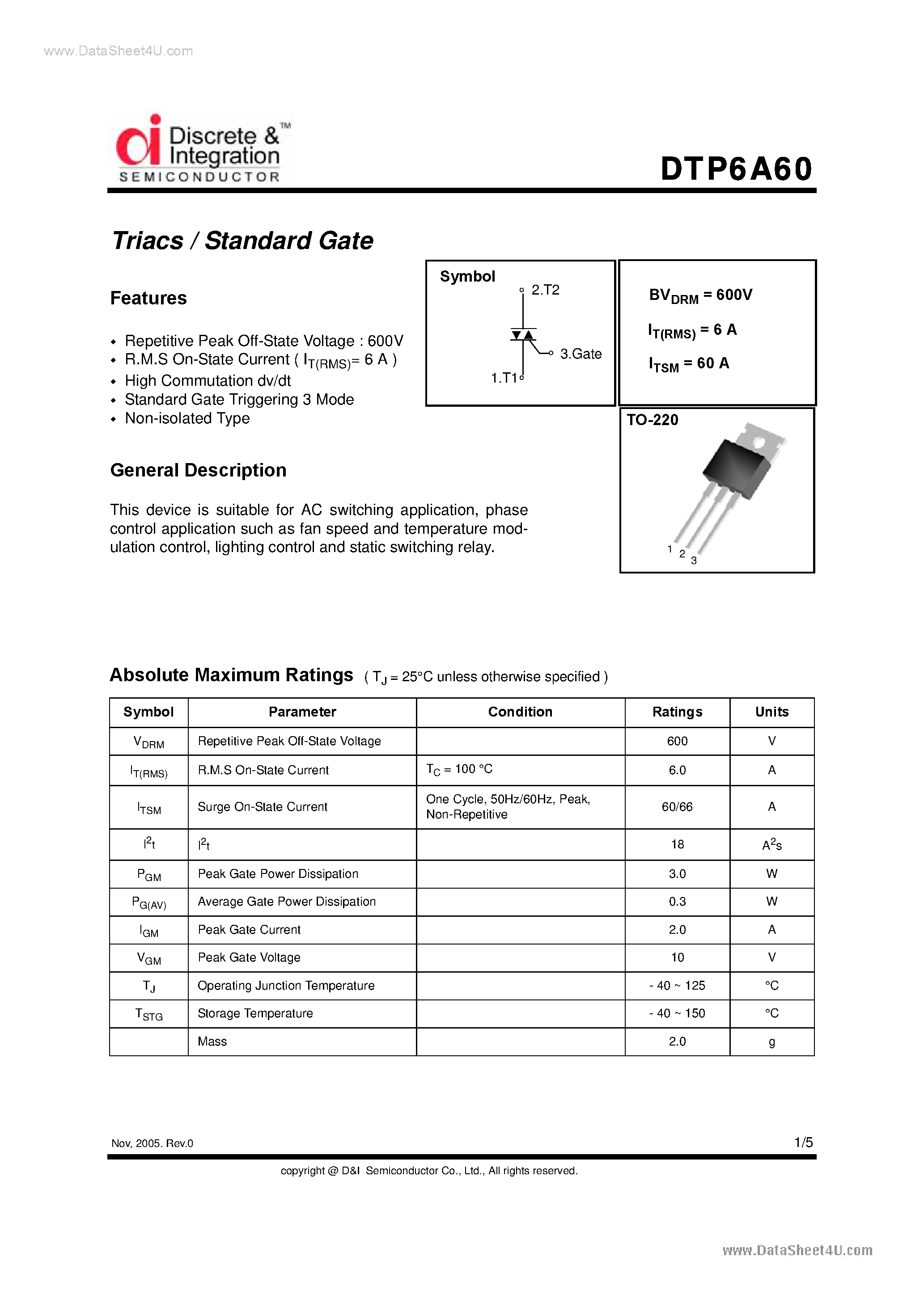 Datasheet DTP6A60 - Triacs page 1