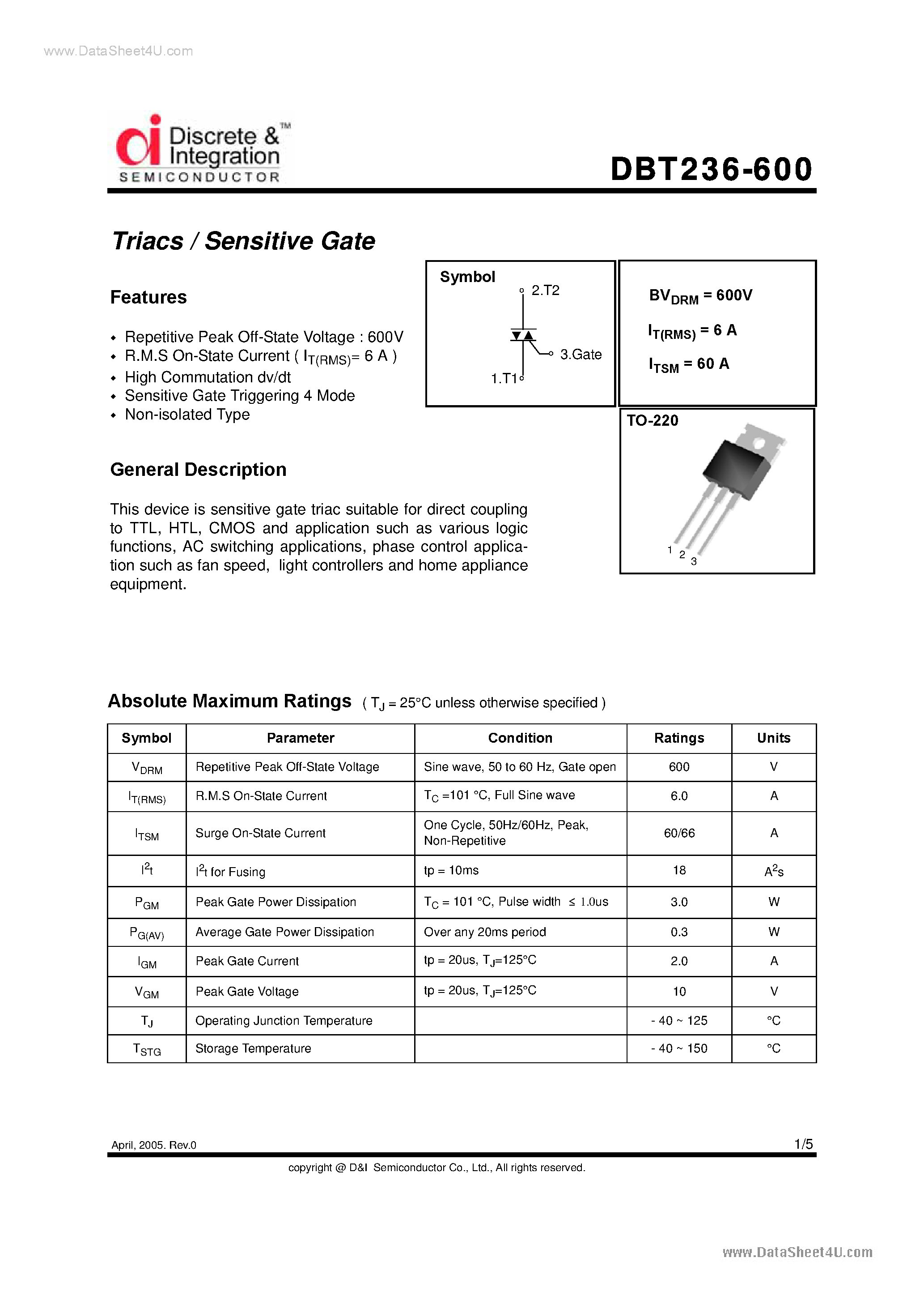 Datasheet DBT236-600 - Triacs page 1