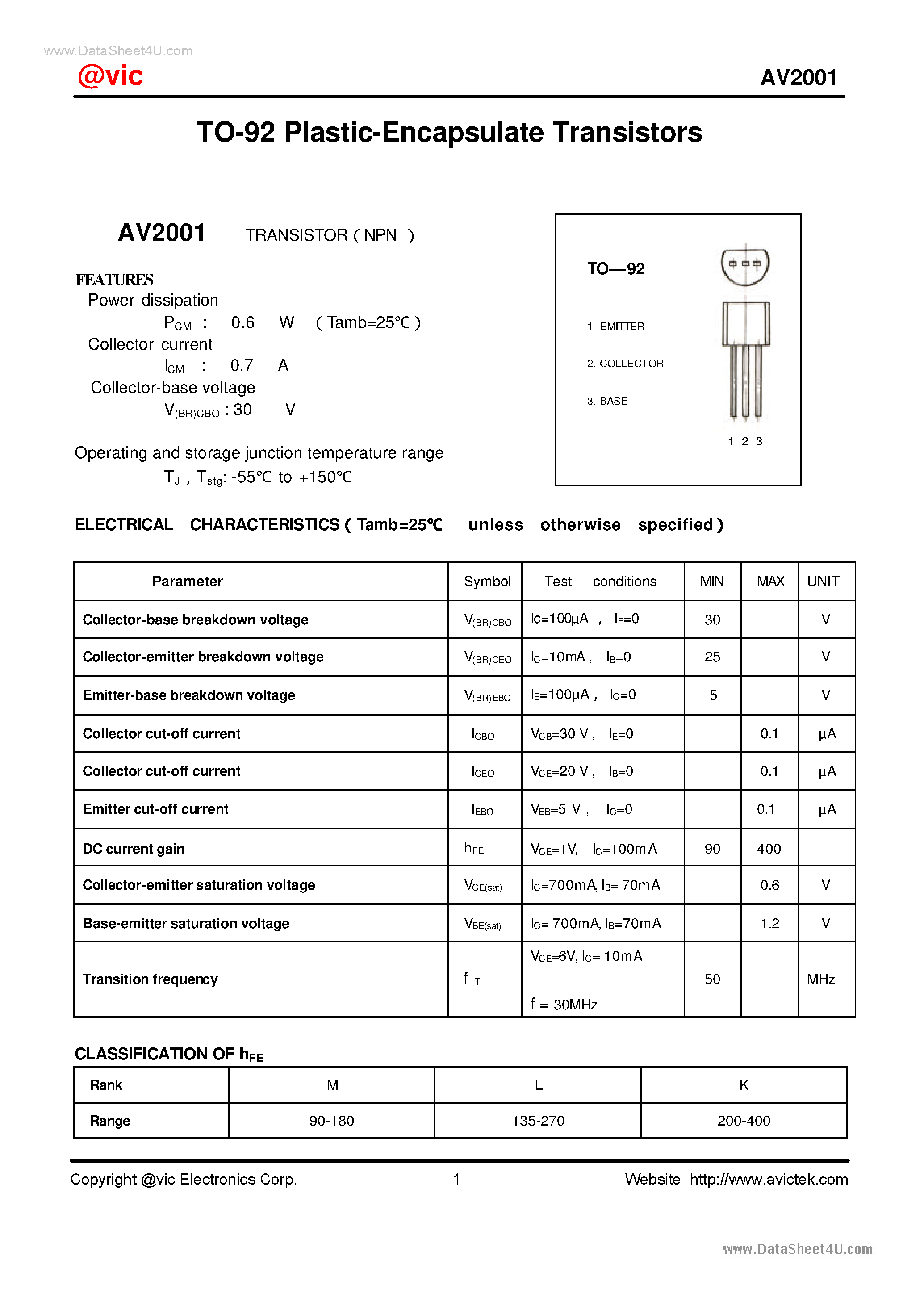 Даташит AV2001 - TO-92 Plastic-Encapsulate Transistors страница 1