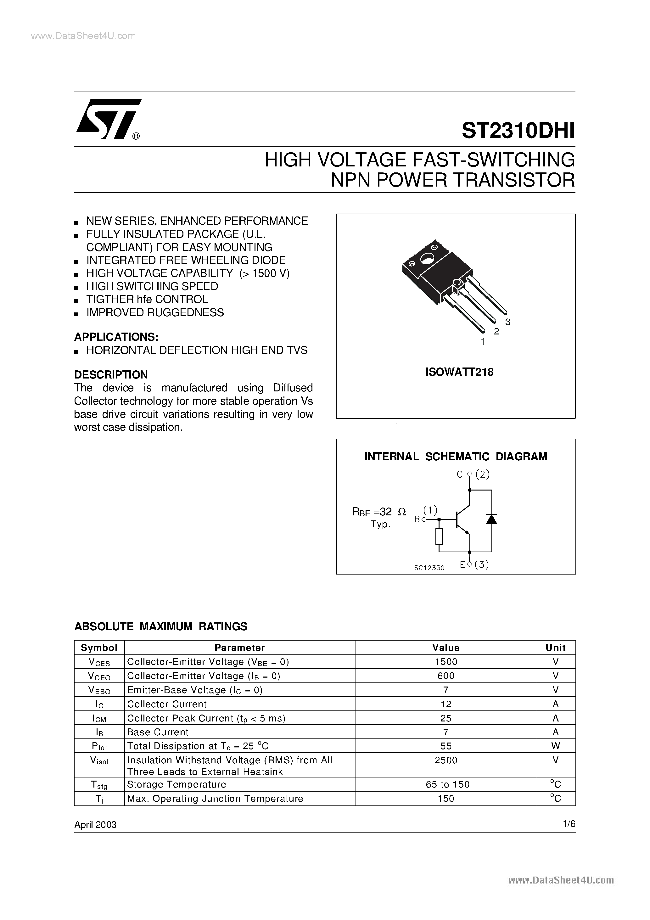 Datasheet 2310DHI page 1 Datasheet 2310DHI - Search -----> ST2310DHI page 1