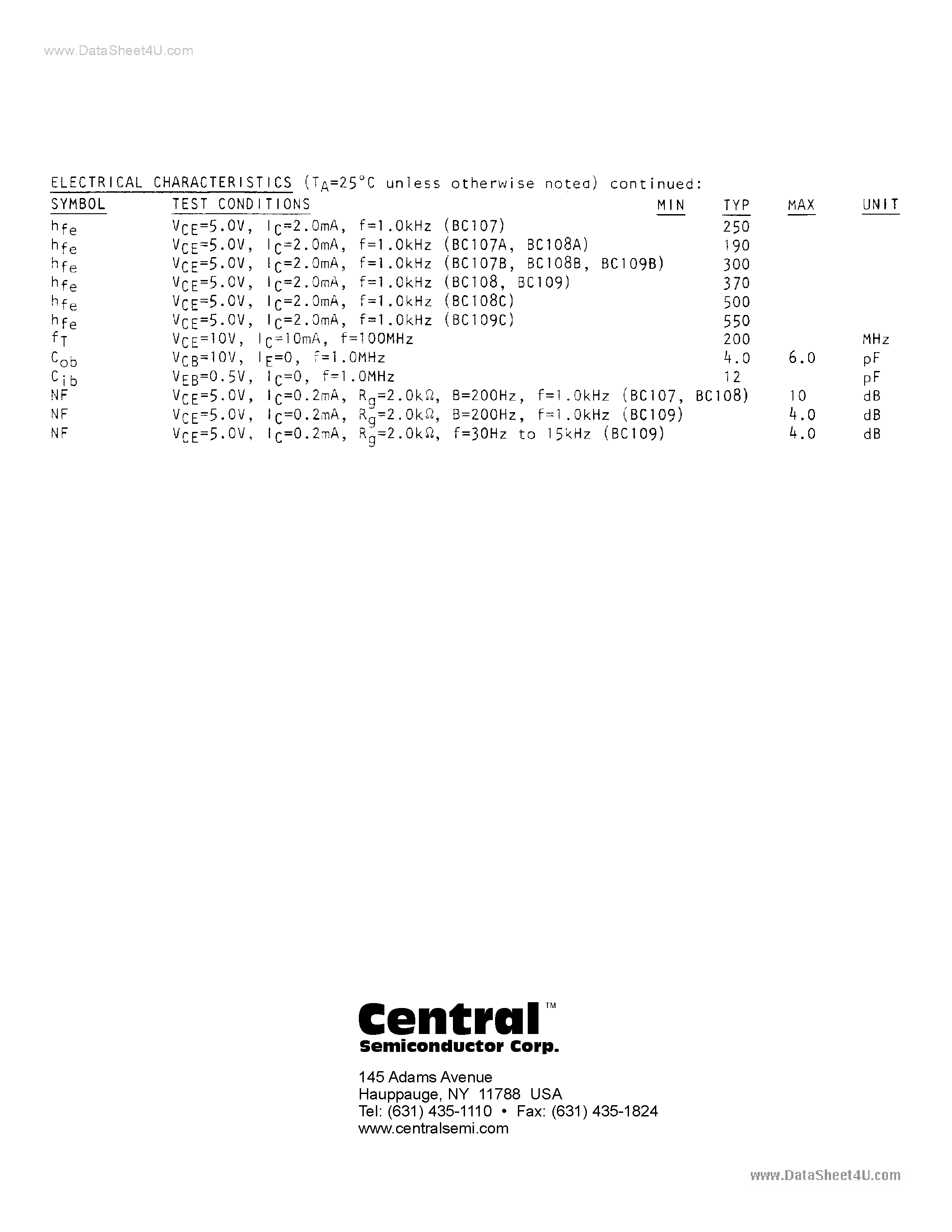Даташит BC107-(BC107x - BC109x) Small Signal Transistors страница 2