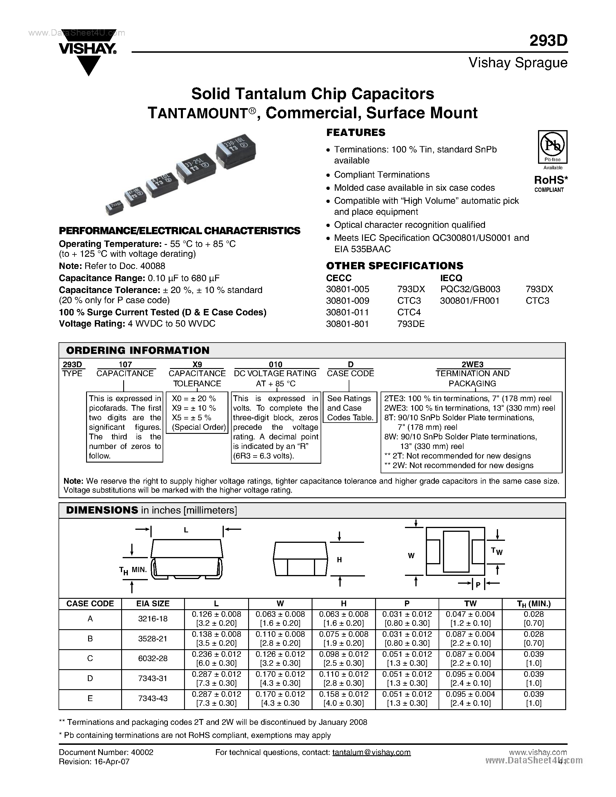Datasheet 293D106X0004A2T page 1 Datasheet 293D106X0004A2T - (293D Series) Solid Tantalum Chip Capacitors page 1