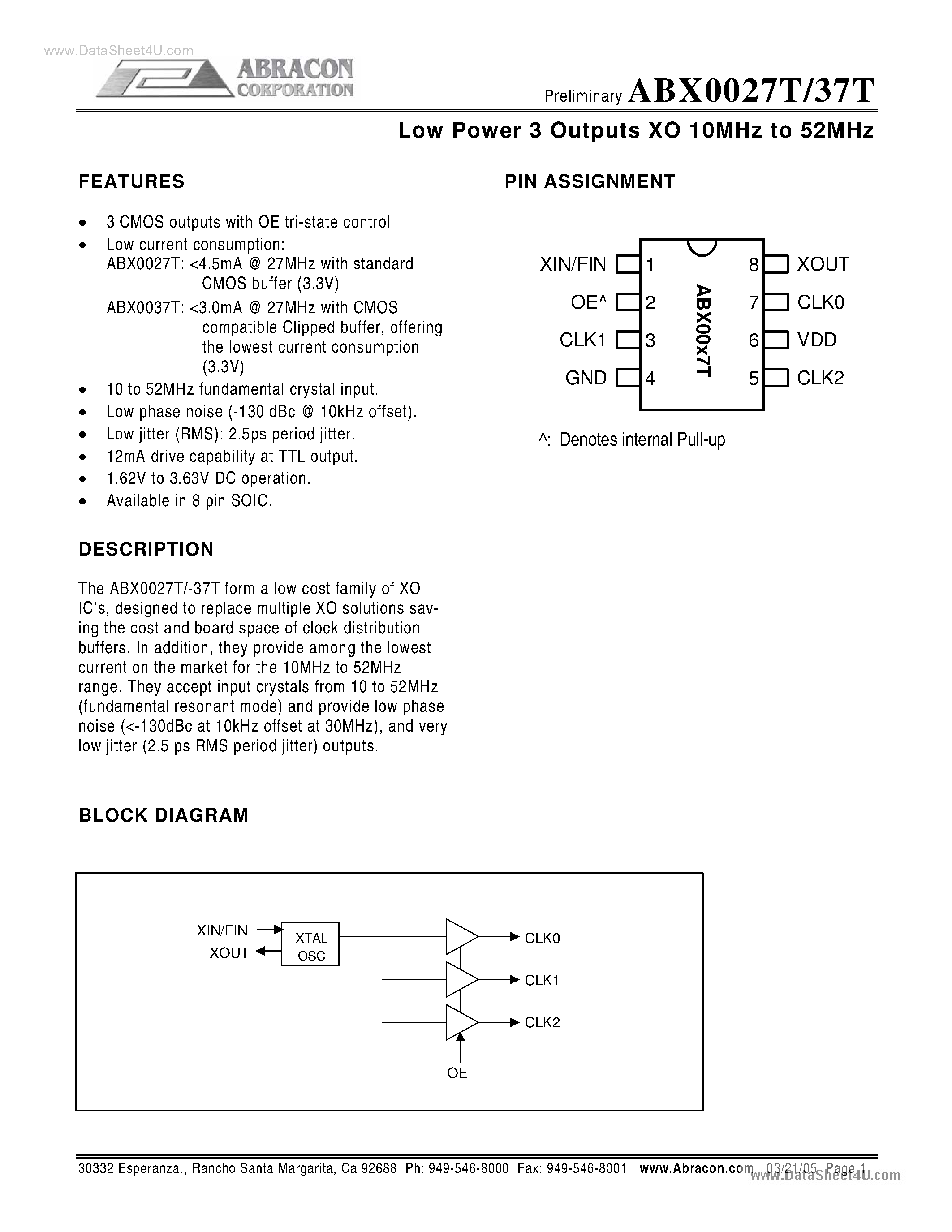 Datasheet ABX0027T - (ABX0027T / ABX0037T) Low Power 3 Outputs XO 10MHz to 52MHz page 1