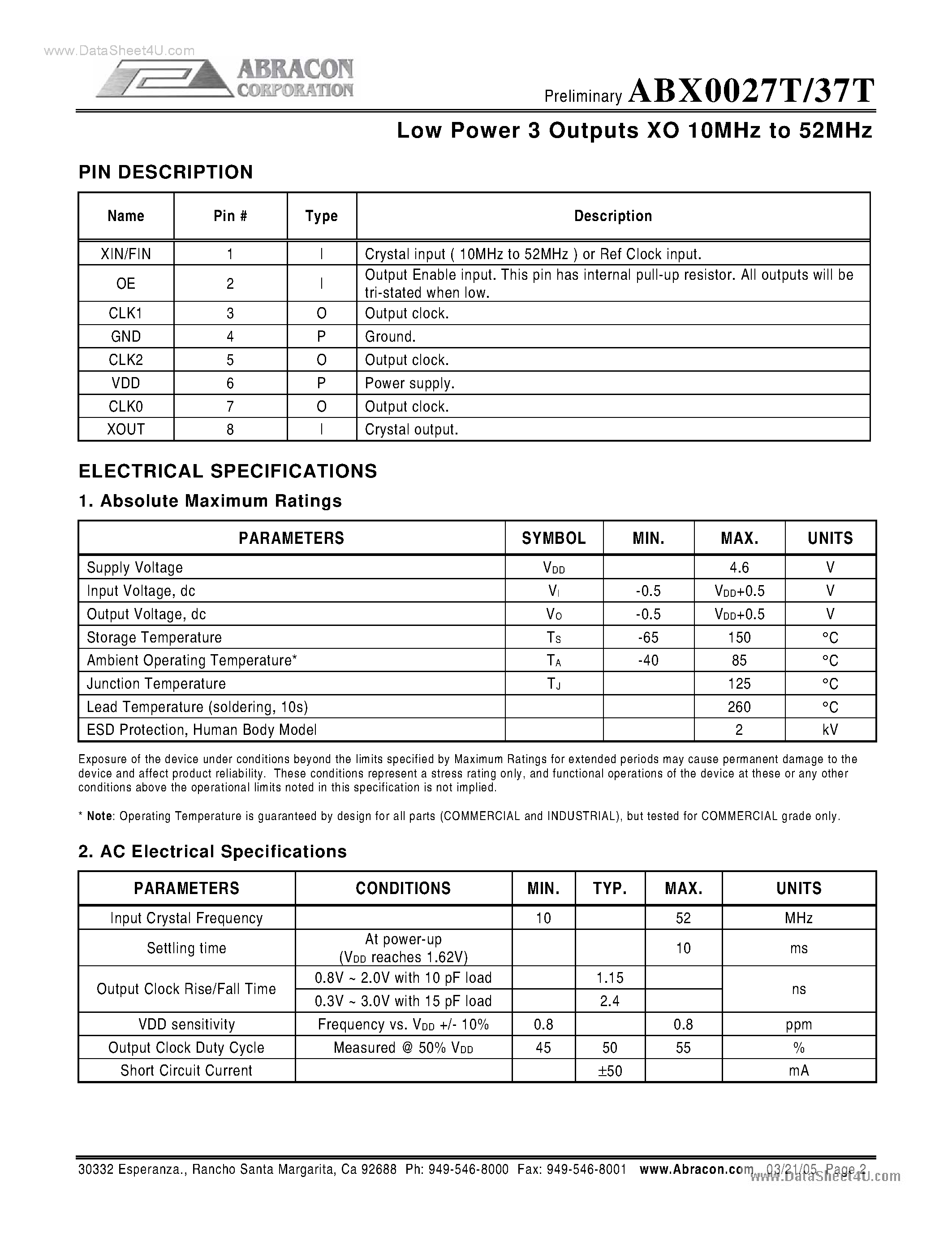 Datasheet ABX0027T - (ABX0027T / ABX0037T) Low Power 3 Outputs XO 10MHz to 52MHz page 2