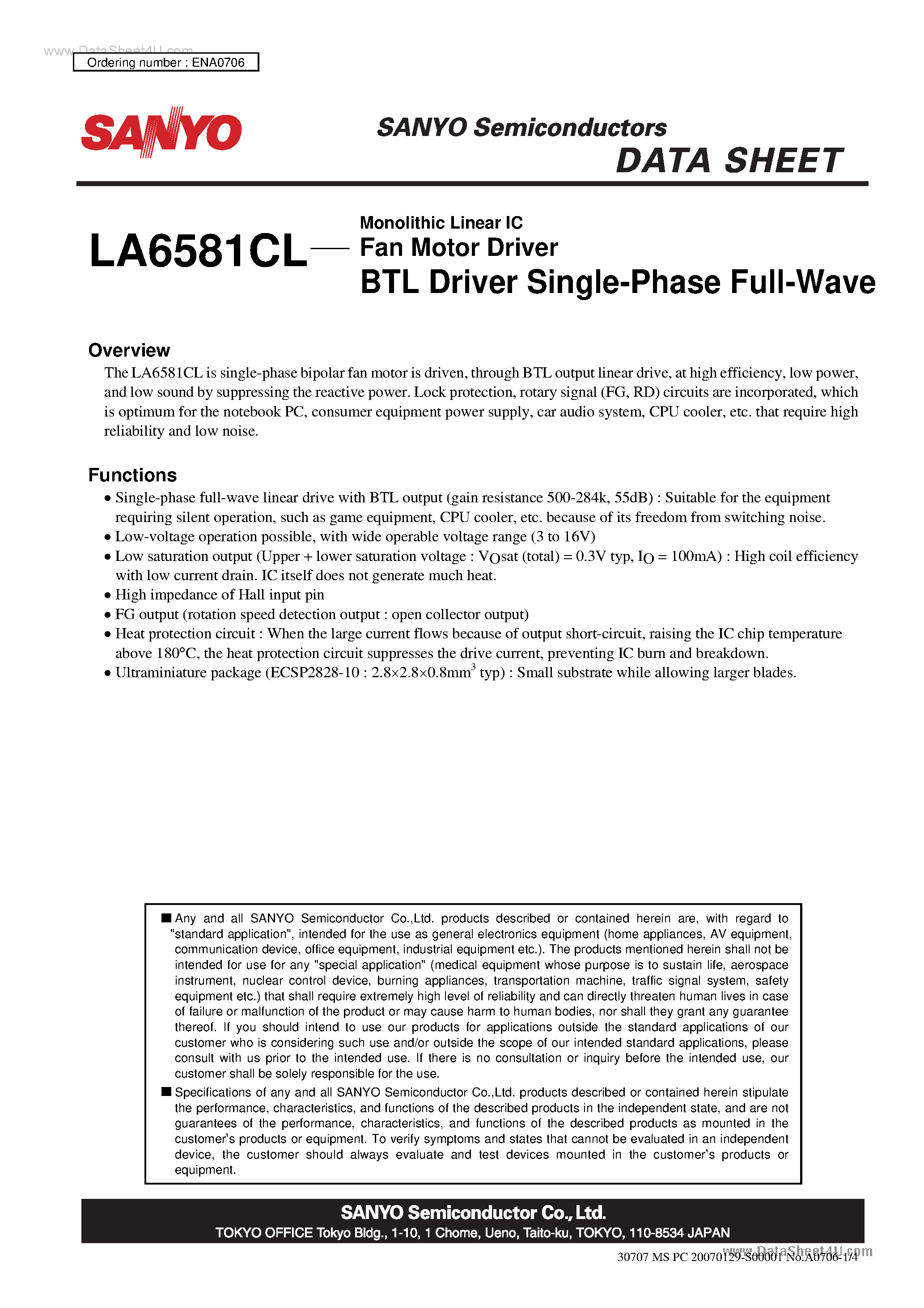 Datasheet LA6581CL page 1 Datasheet LA6581CL - Monolithic Linear IC Fan Motor Driver BTL Driver Single-Phase Full-Wave page 1