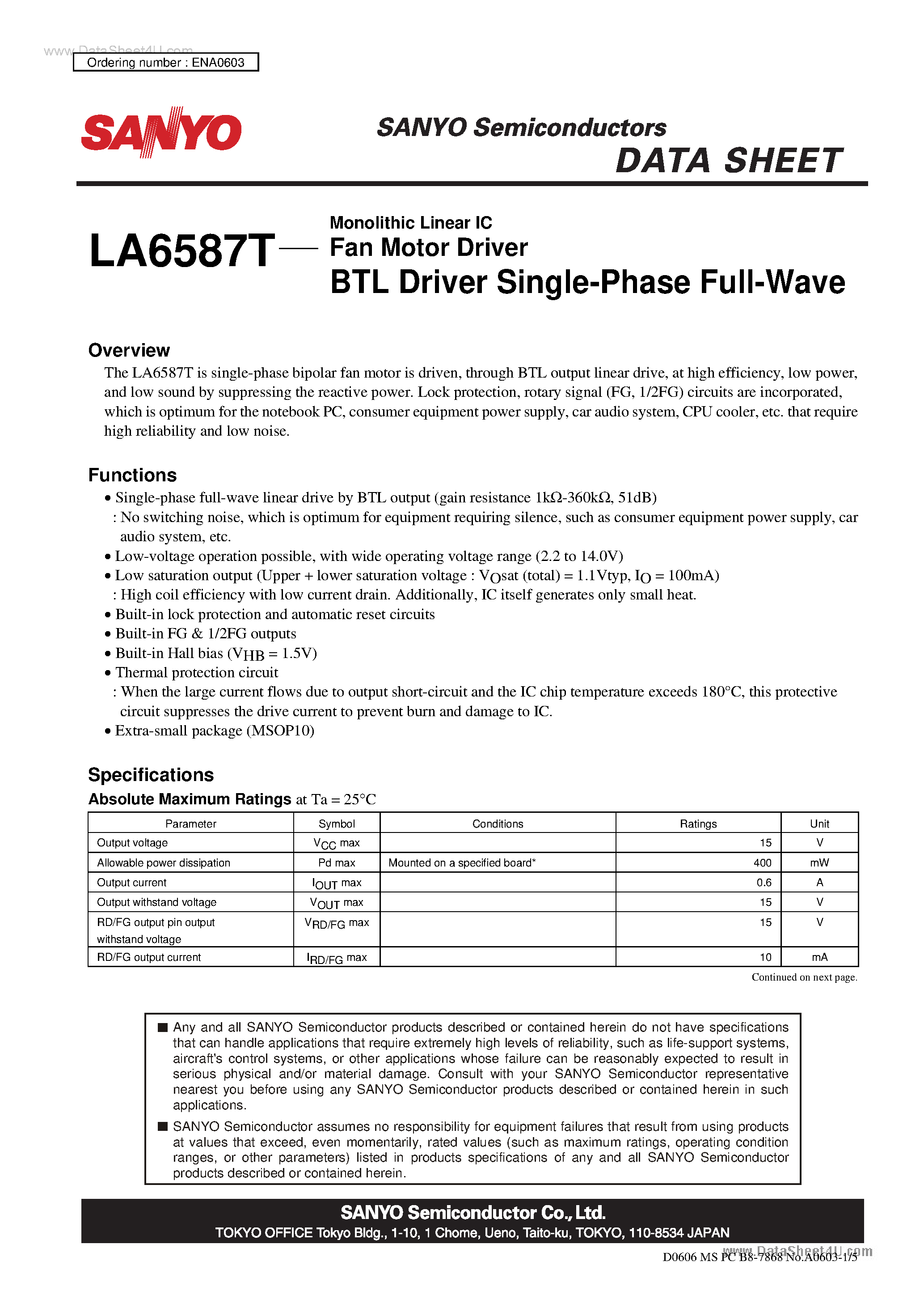 Datasheet LA6587T page 1 Datasheet LA6587T - Monolithic Linear IC Fan Motor Driver BTL Driver Single-Phase Full-Wave page 1