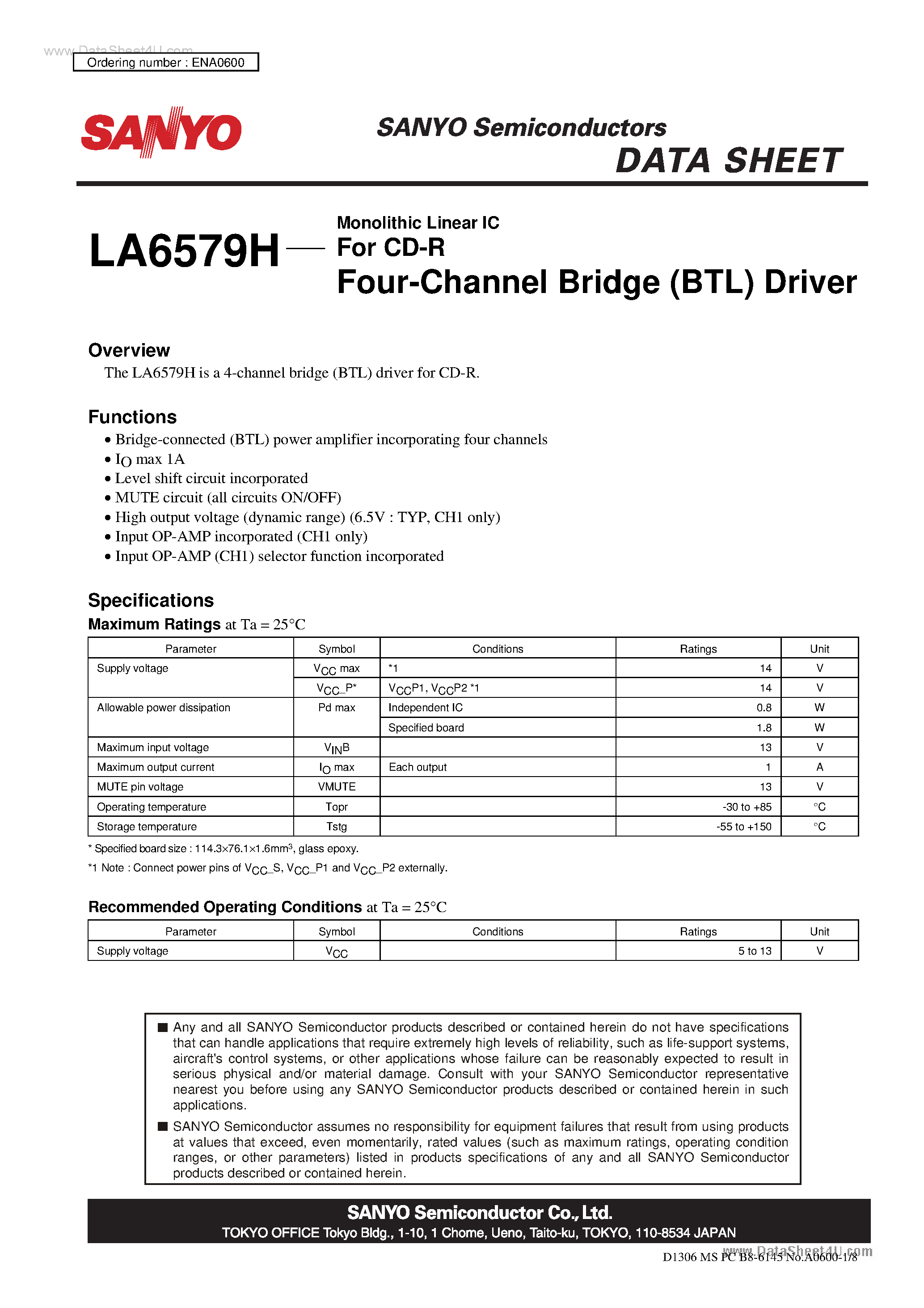 Datasheet LA6579H - 4-Channel Bridge Driver page 1