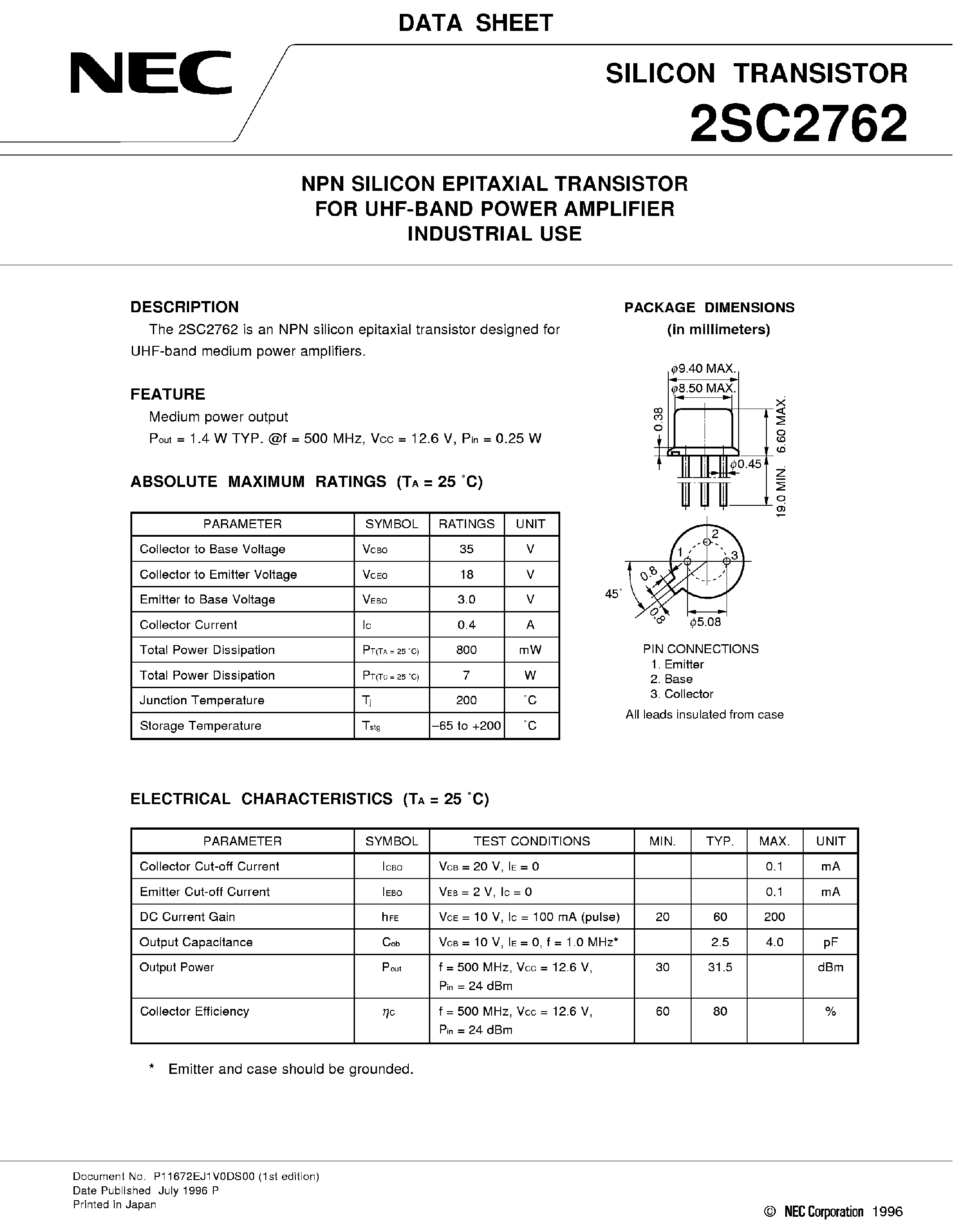 Datasheet 2SC276 - NPN SIlicon Epitaxial Transistor page 1