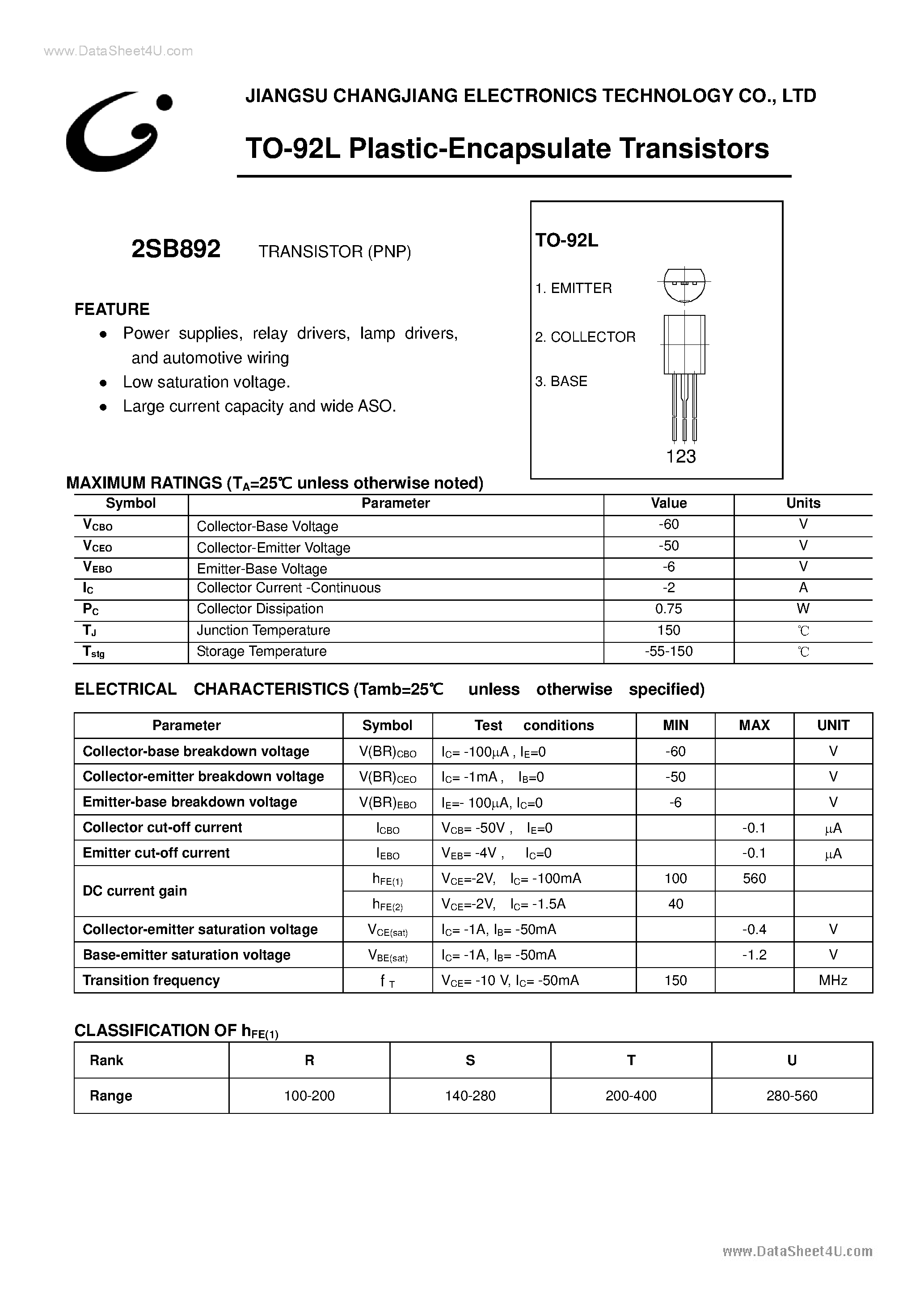 Даташит 2SB892 - Transistor страница 1