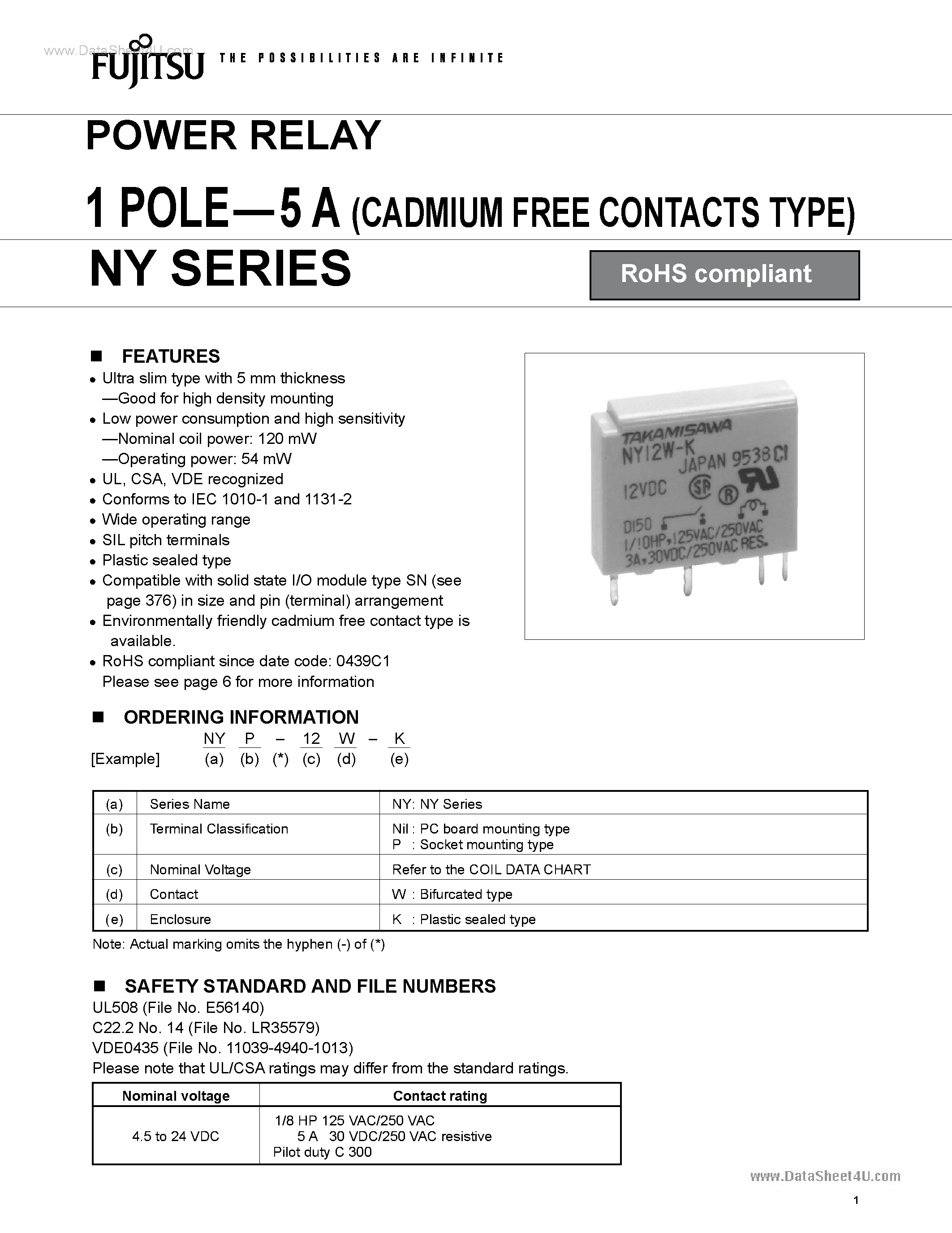 Datasheet NY-12W-K - (NY Series) Power Relay page 1