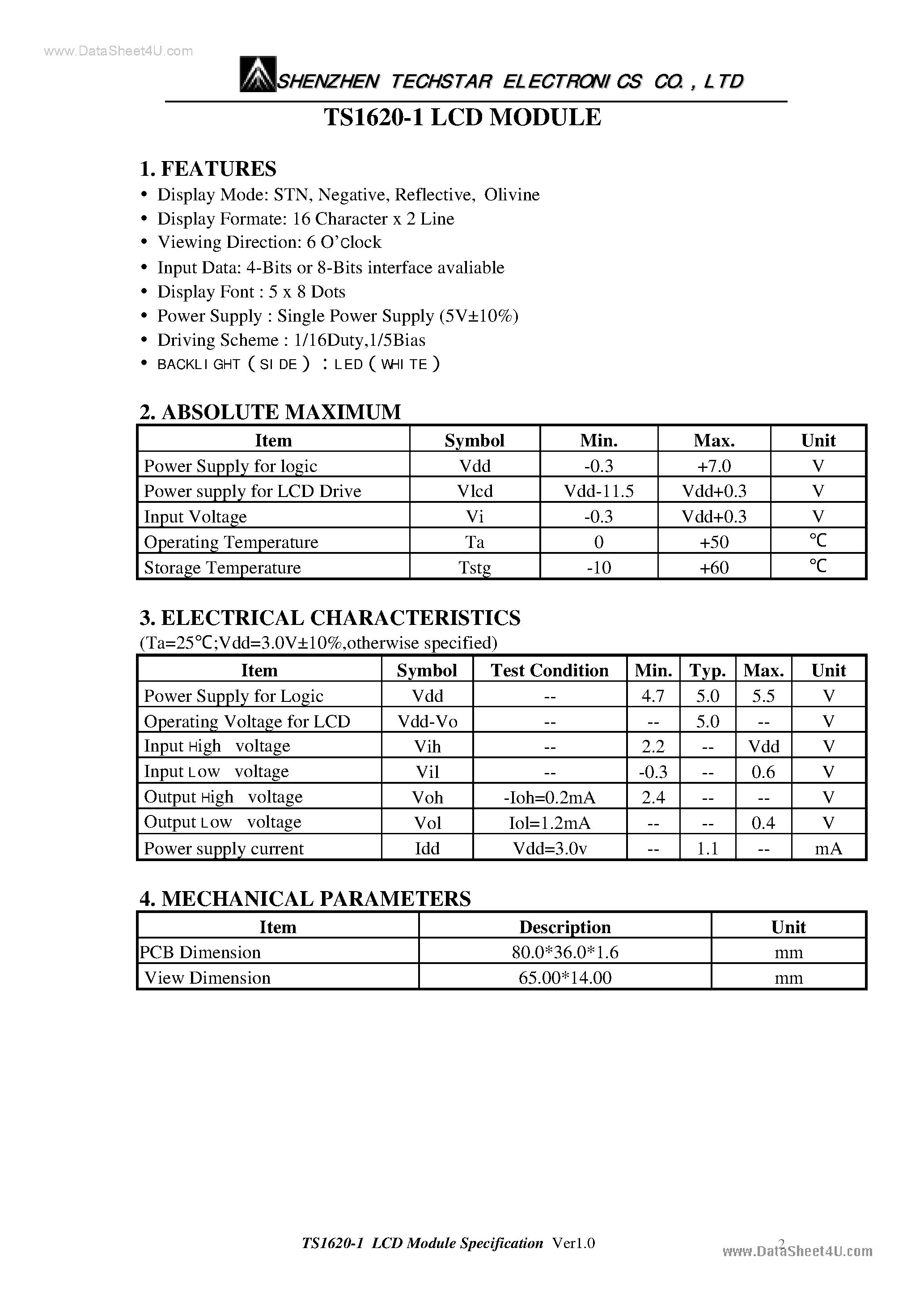 Datasheet TS1620-1 - LCD Module page 2