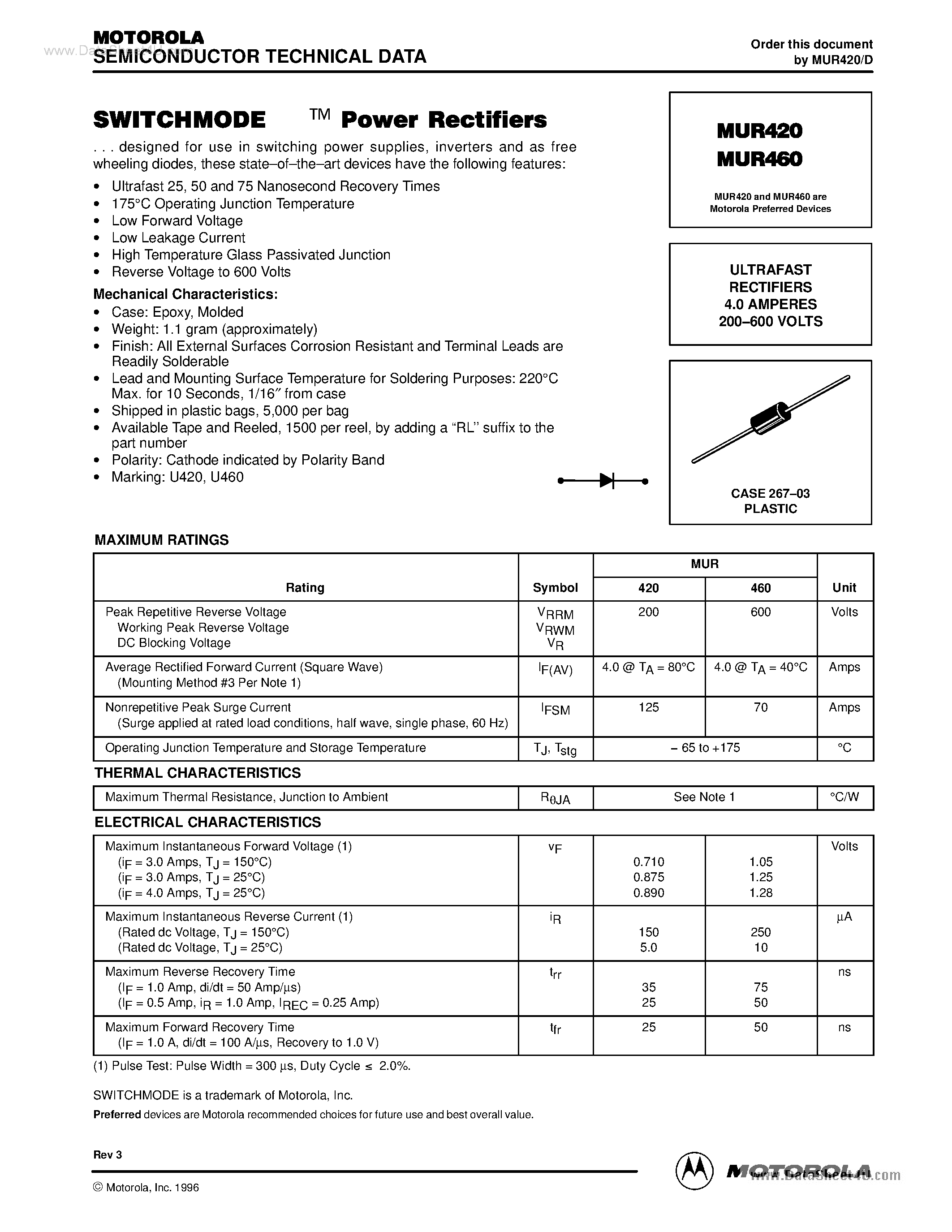 Datasheet MUR420 page 1 Datasheet MUR420 - (MUR420 / MUR460) ULTRAFAST RECTIFIERS page 1