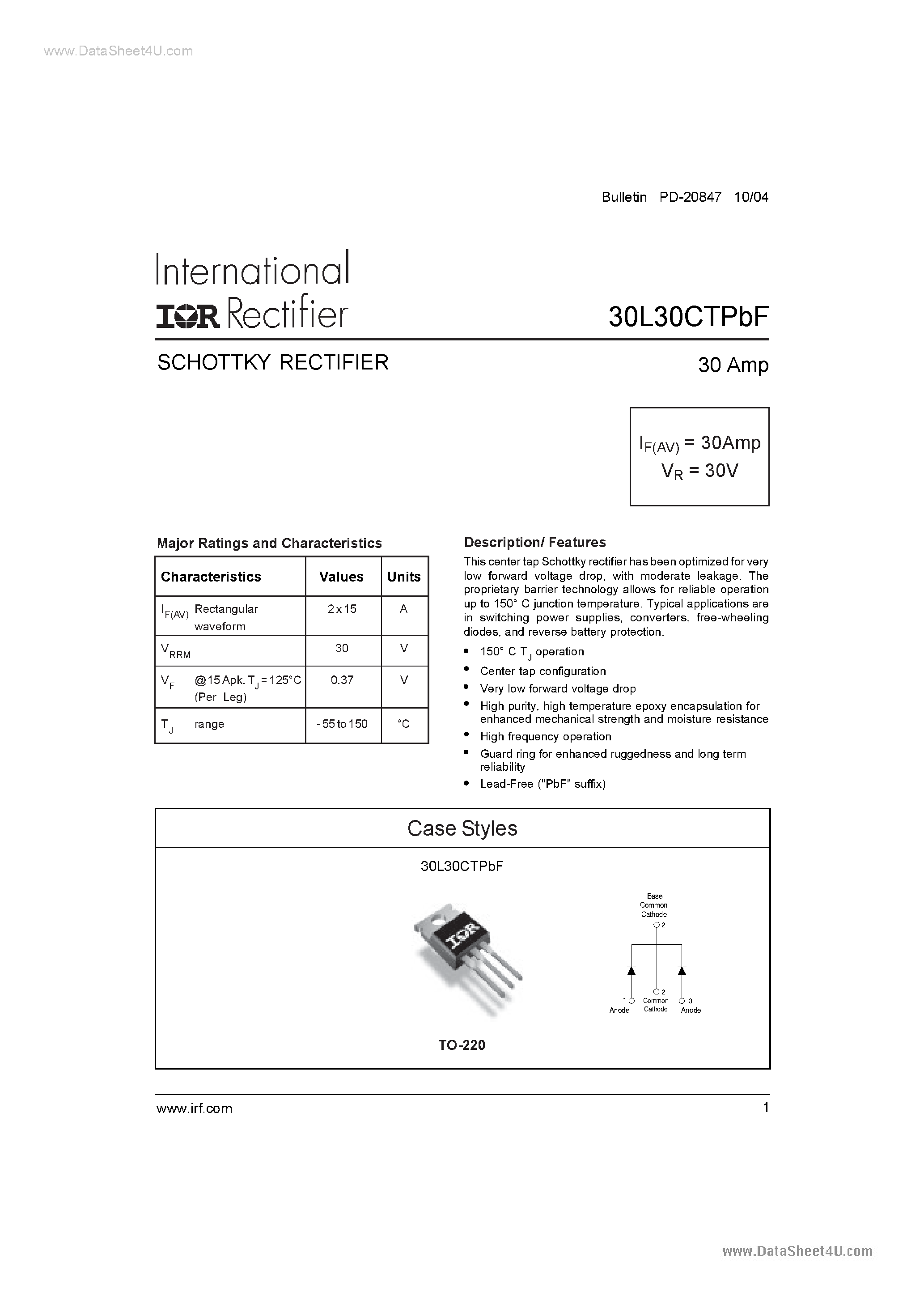 Datasheet 30L30CTPBF - SCHOTTKY RECTIFIER 30 Amp page 1