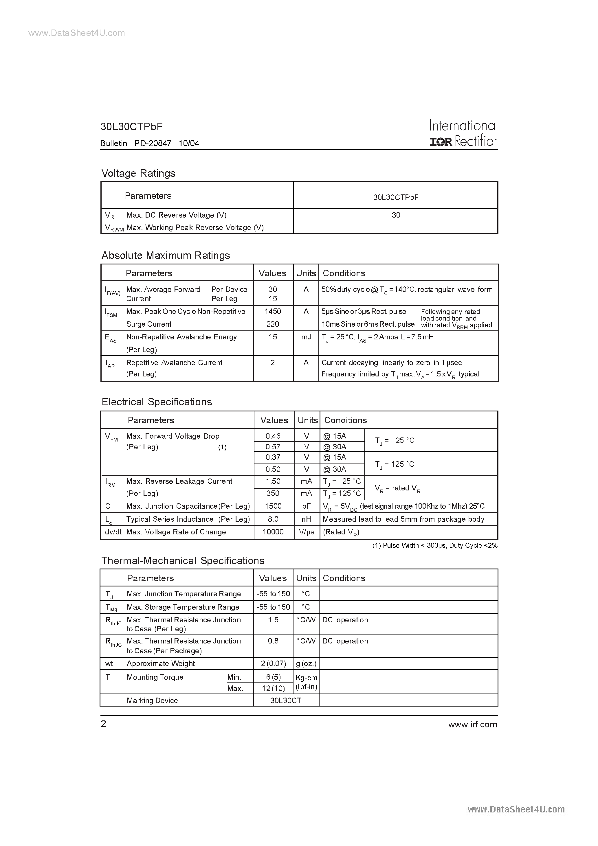 Datasheet 30L30CTPBF - SCHOTTKY RECTIFIER 30 Amp page 2