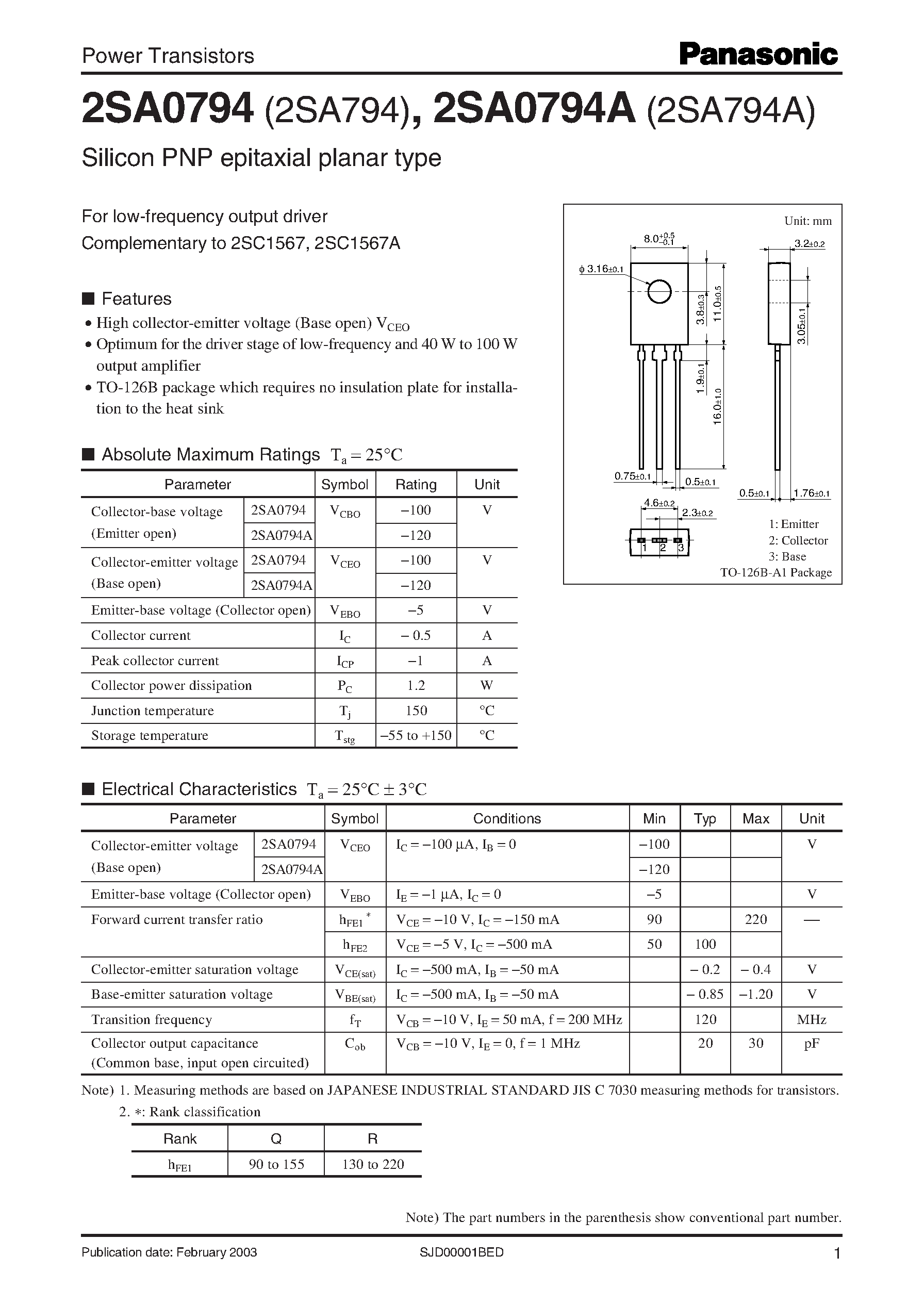 Datasheet 2SA794 - Silicon PNP epitaxial planar type page 1