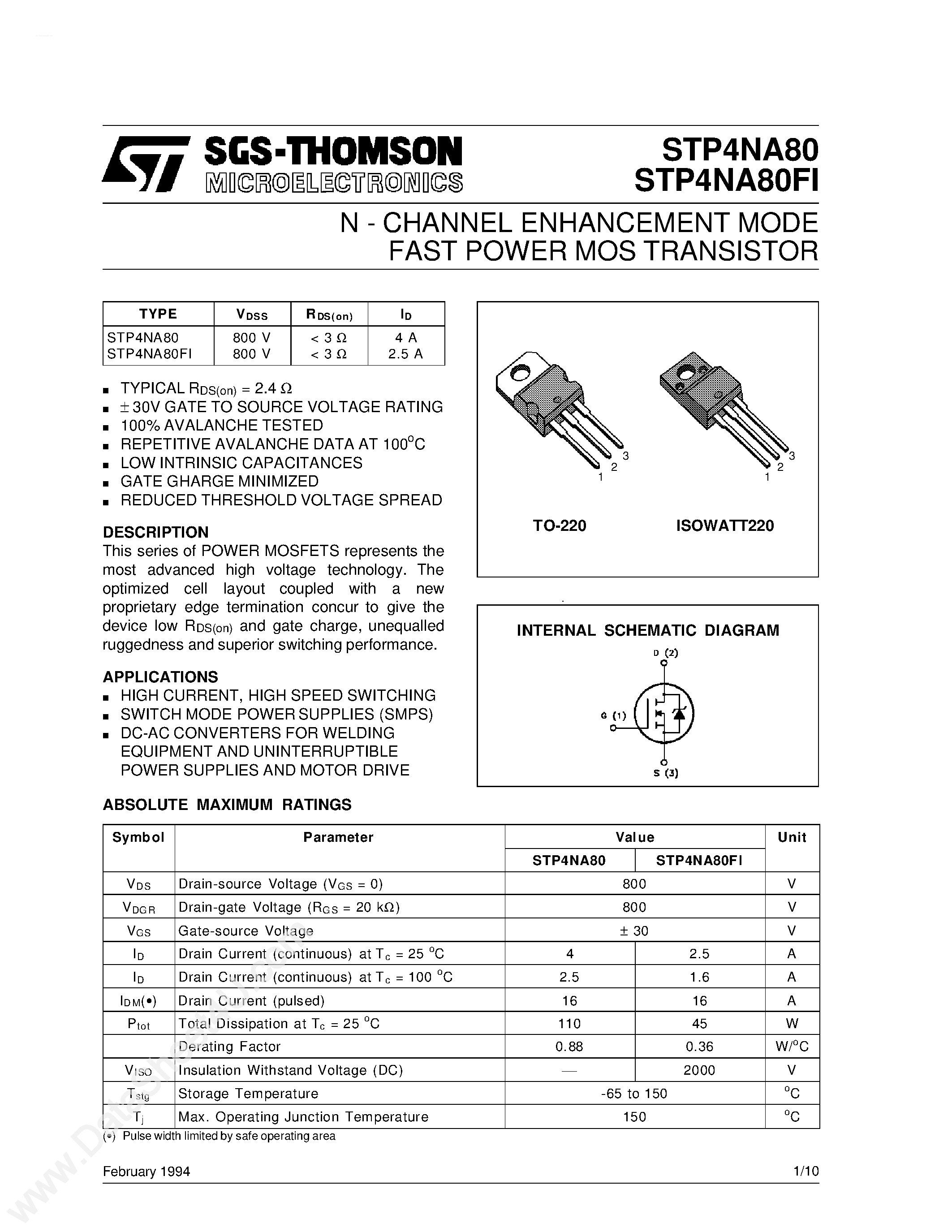 Datasheet STP3NA80 - N - CHANNEL ENHANCEMENT MODE FAST POWER MOS TRANSISTOR page 1