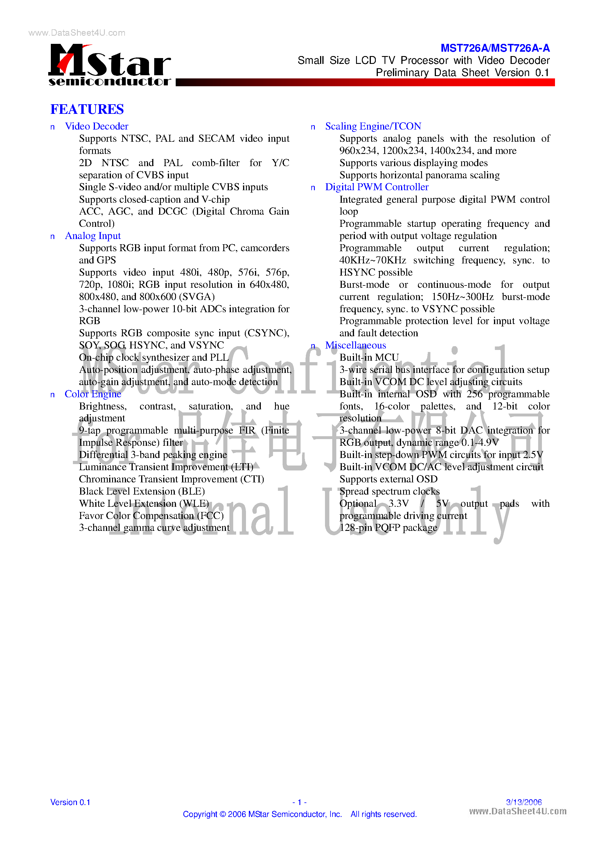 Datasheet MST726A-A - Small Size LCD TV Processor page 1