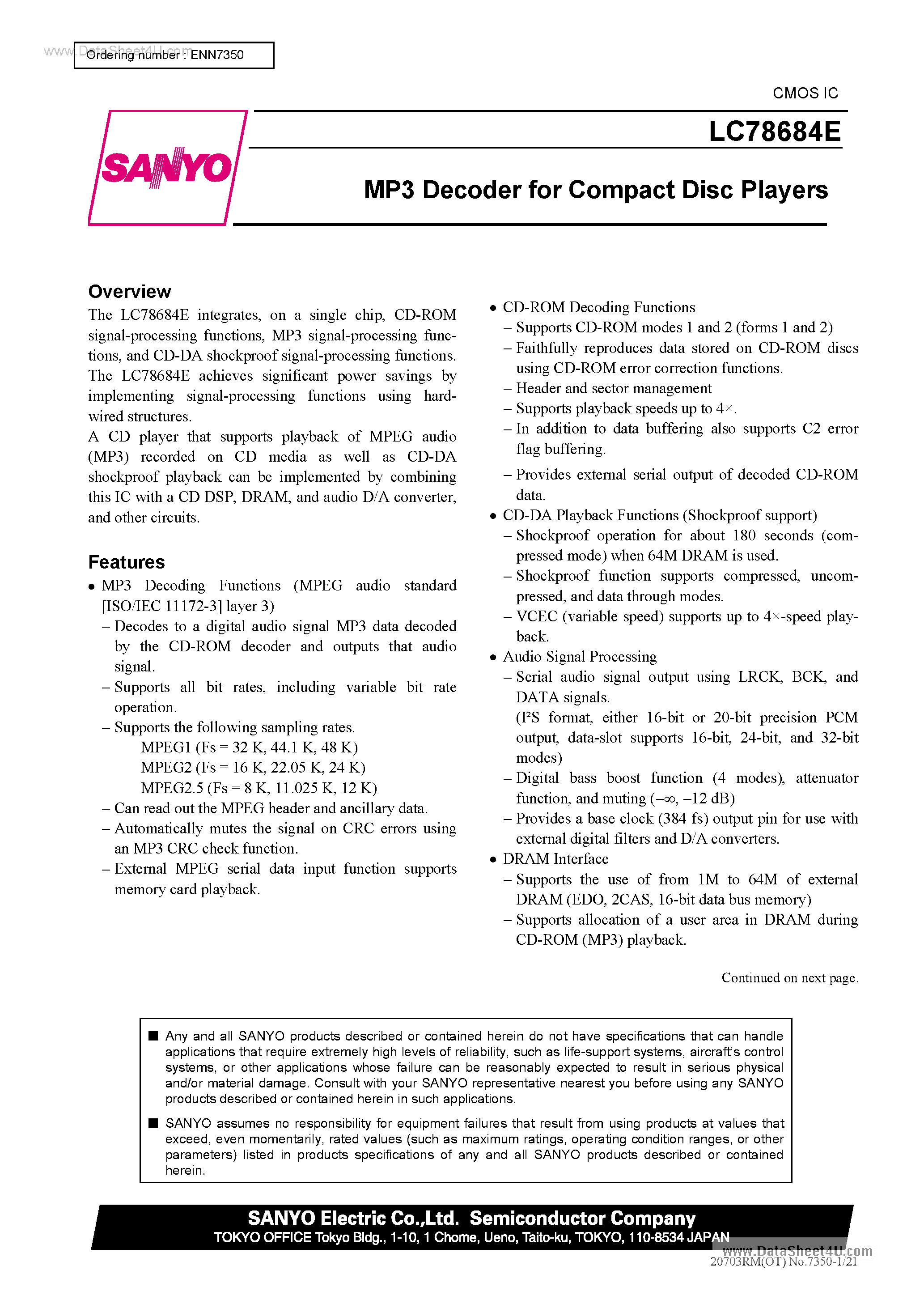 Даташит на микросхему LC78684E страница 1 Даташит LC78684E - MP3 Decoder страница 1