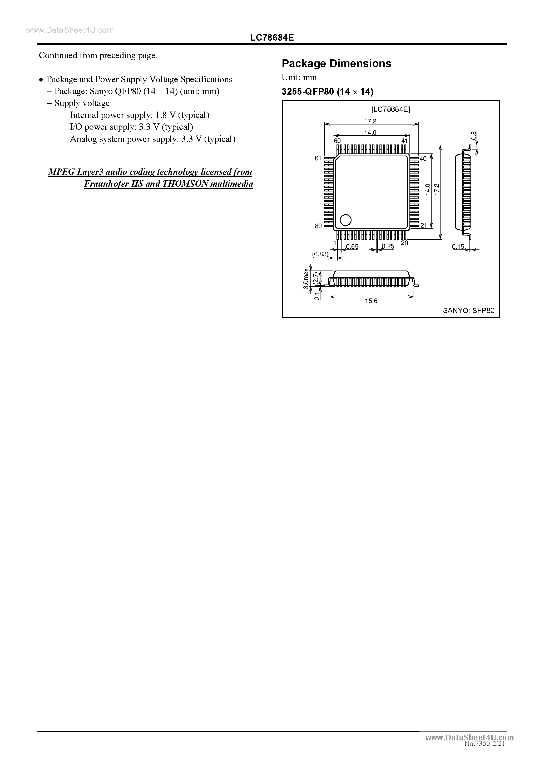 Даташит на микросхему LC78684E страница 2 Даташит LC78684E - MP3 Decoder страница 2