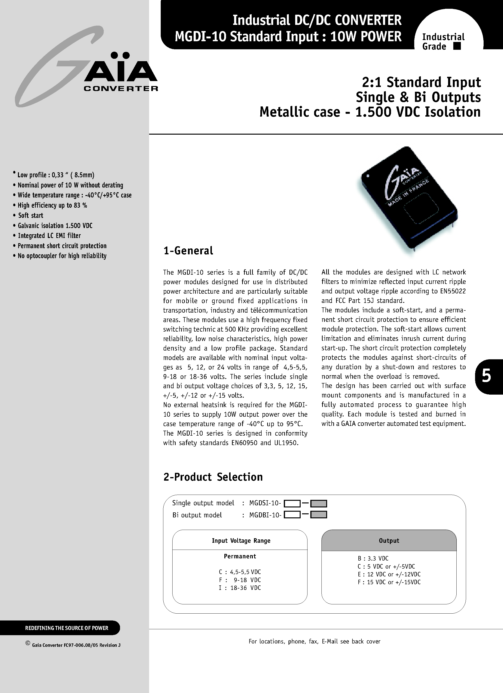 Datasheet MGDSI-20-Q-F - Industrial DC/DC Converter page 1