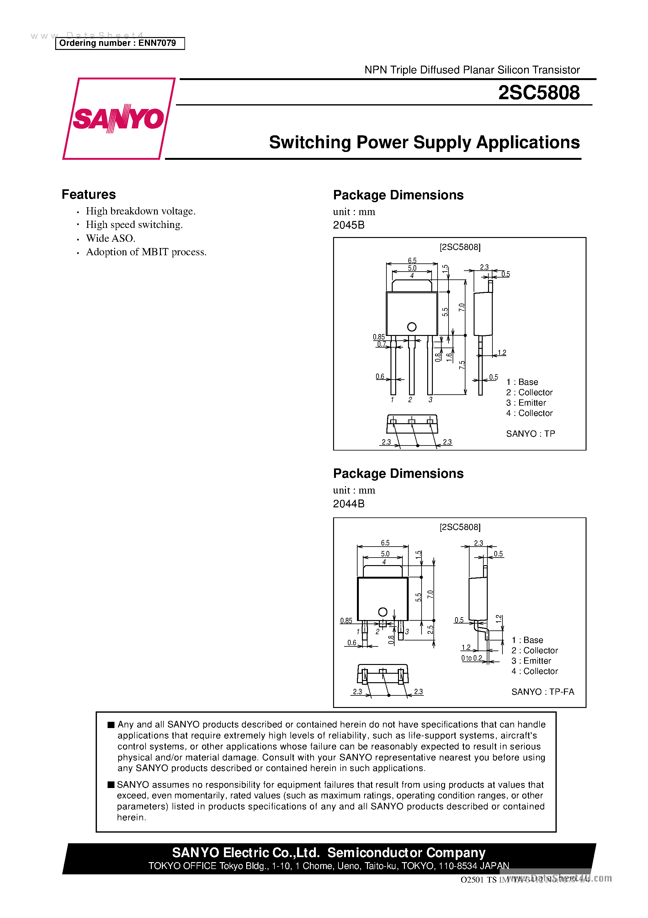 Даташит на микросхему 2SC5808 страница 1 Даташит 2SC5808 - Switching Power Supply Applications страница 1