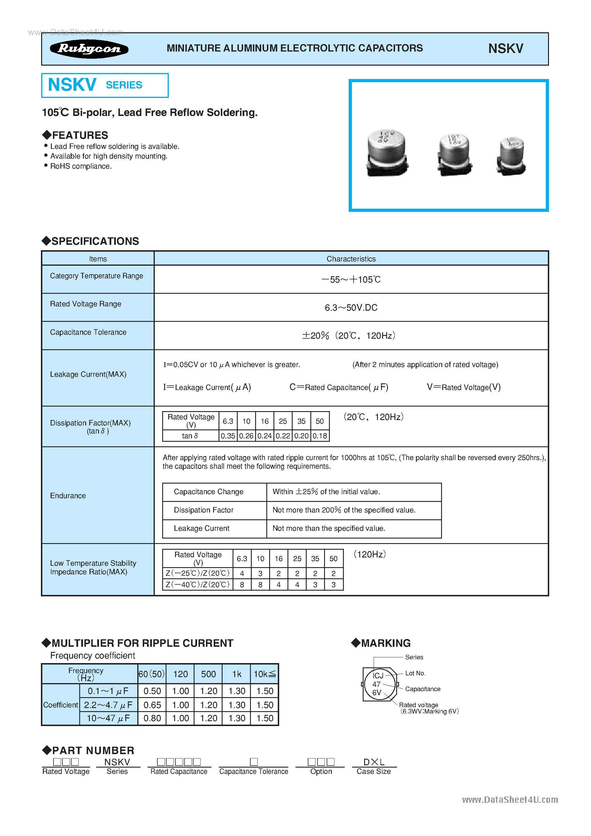 Datasheet NSKV - MINIATURE ALUMINUM ELECTROLYTIC CAPACITORS page 1