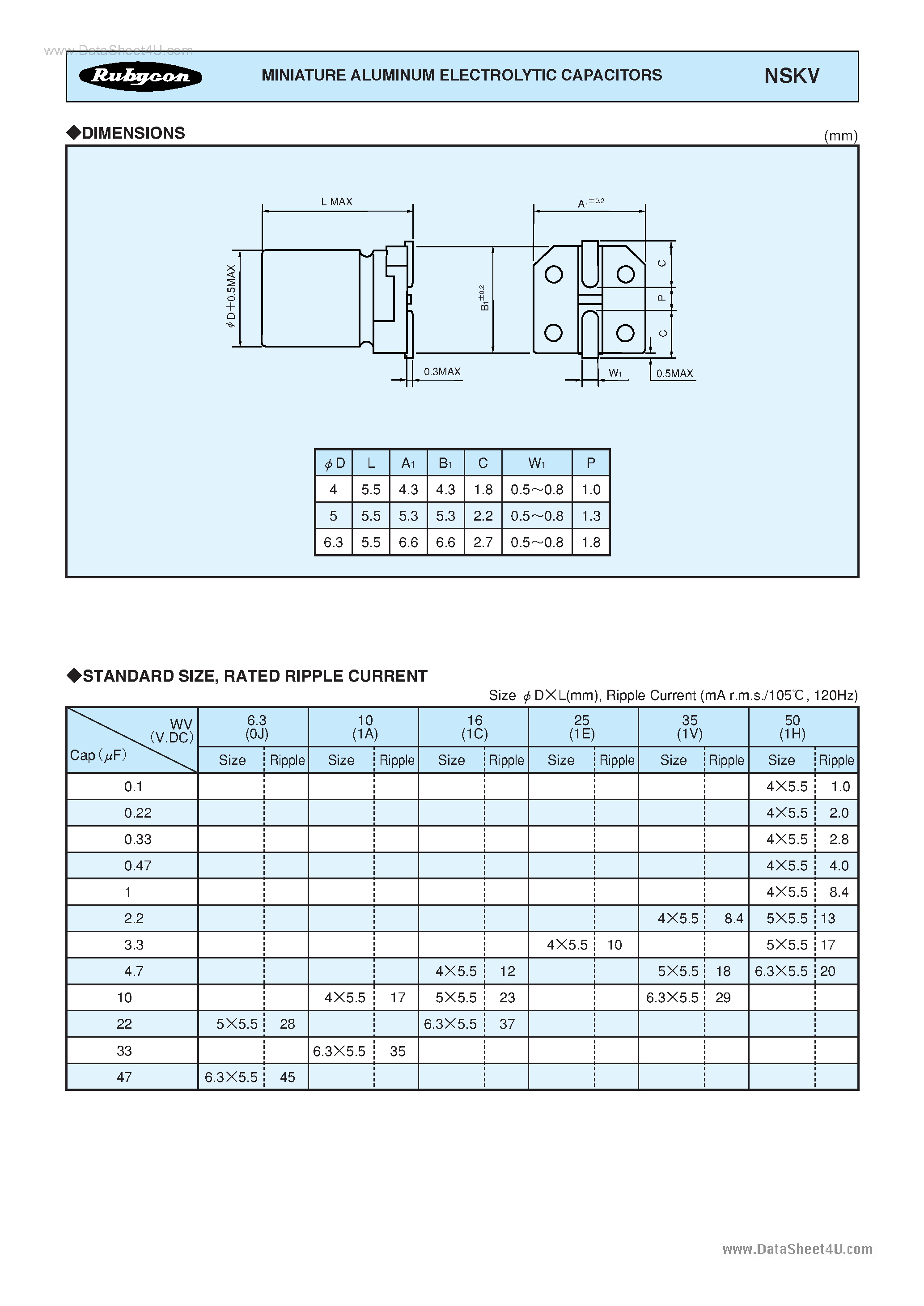 Datasheet NSKV - MINIATURE ALUMINUM ELECTROLYTIC CAPACITORS page 2