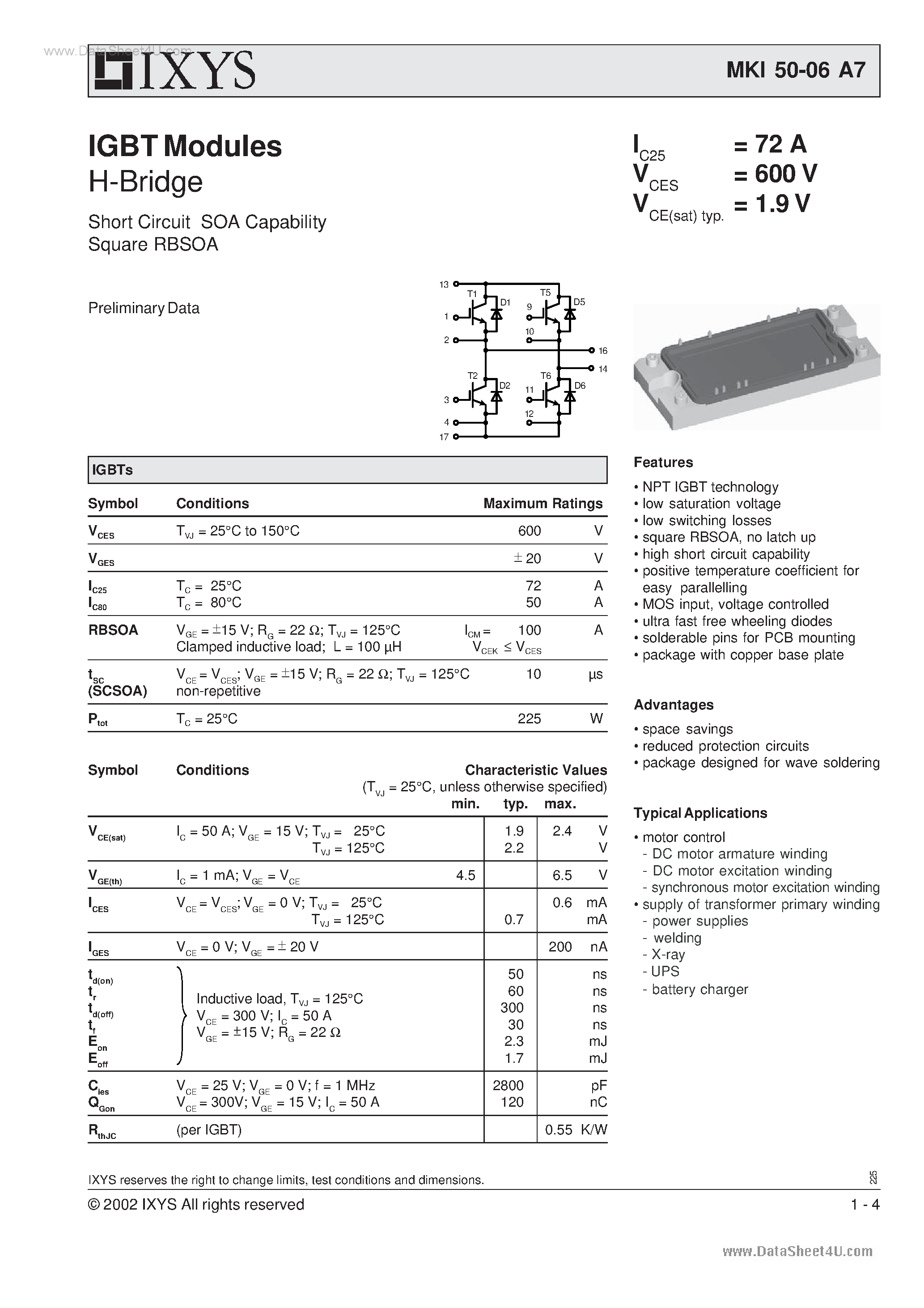 Datasheet MKI50-06A7 page 1 Datasheet MKI50-06A7 - IGBT Modules H-Bridge page 1