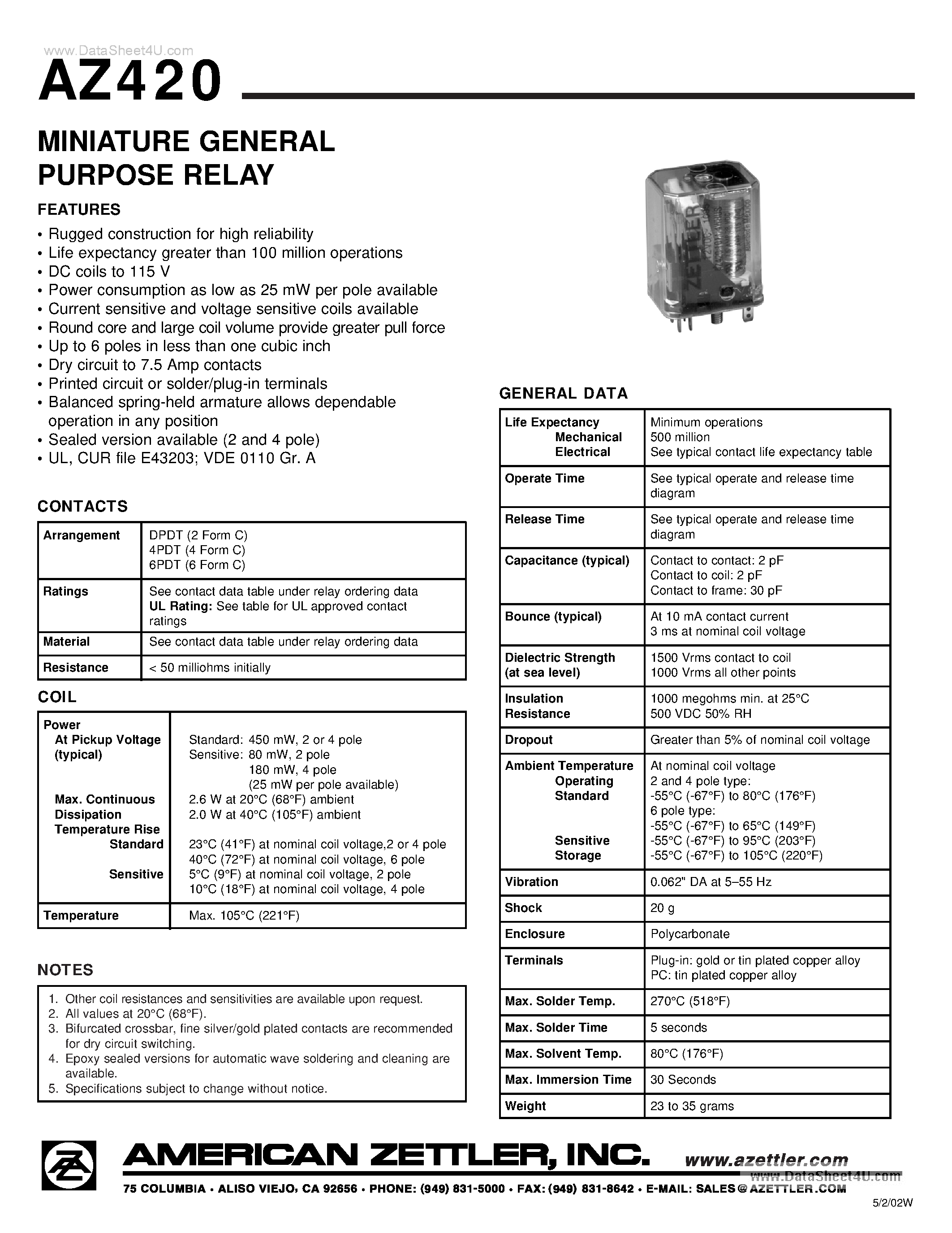 Datasheet AZ420 - Miniature General Purpose Relay page 1