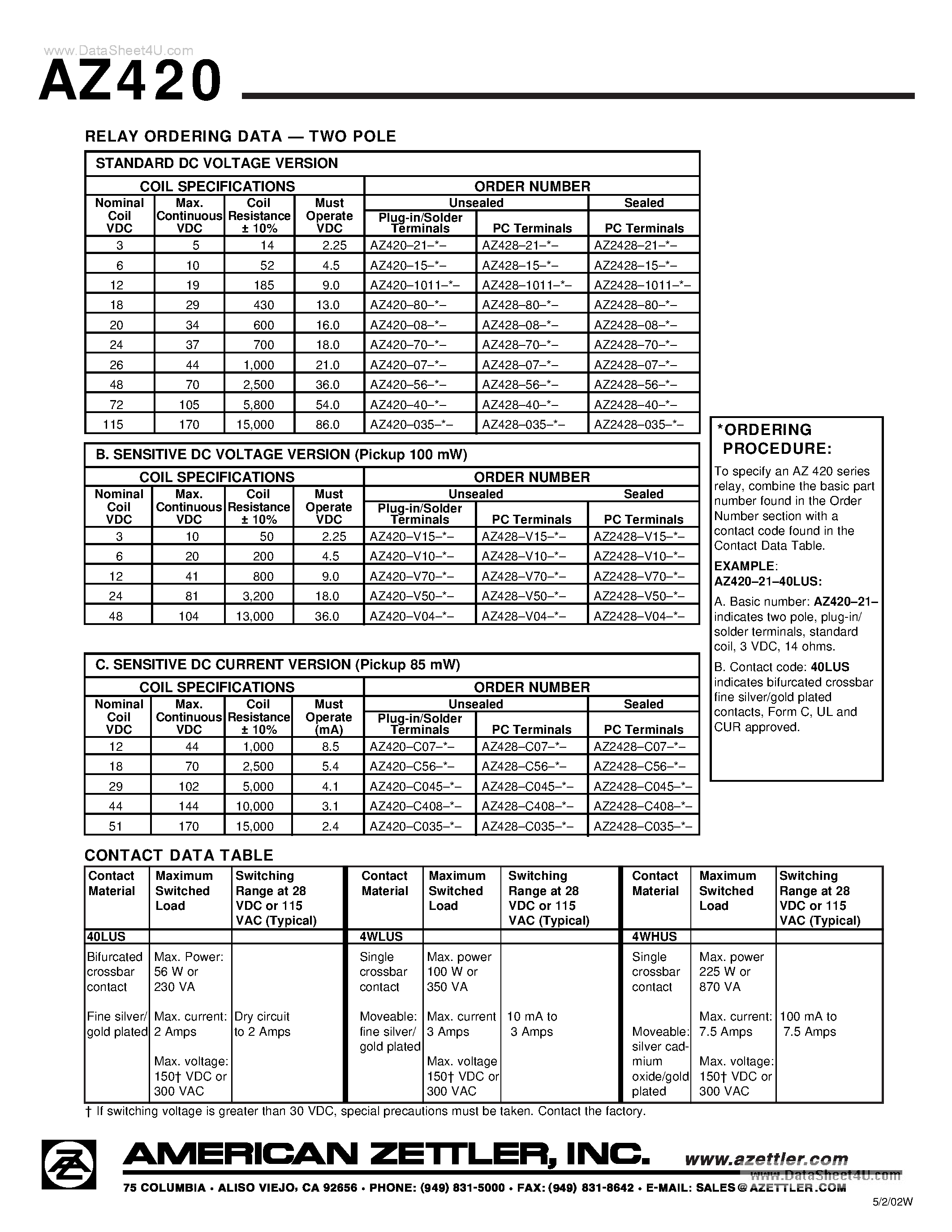 Datasheet AZ420 - Miniature General Purpose Relay page 2