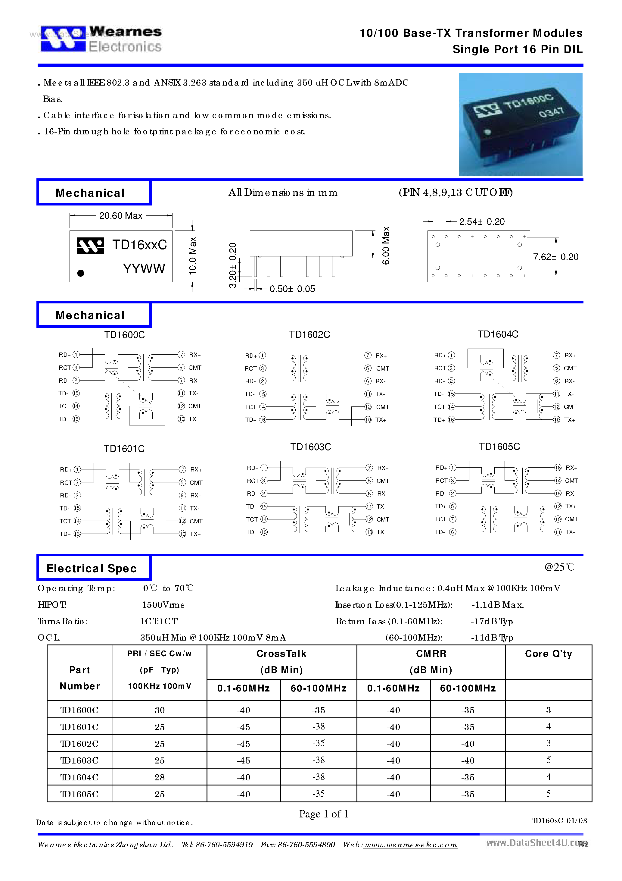 Даташит TD1600C - (TD1600C - TD1605C) 10/100 Base-TX Transformer Modules страница 1