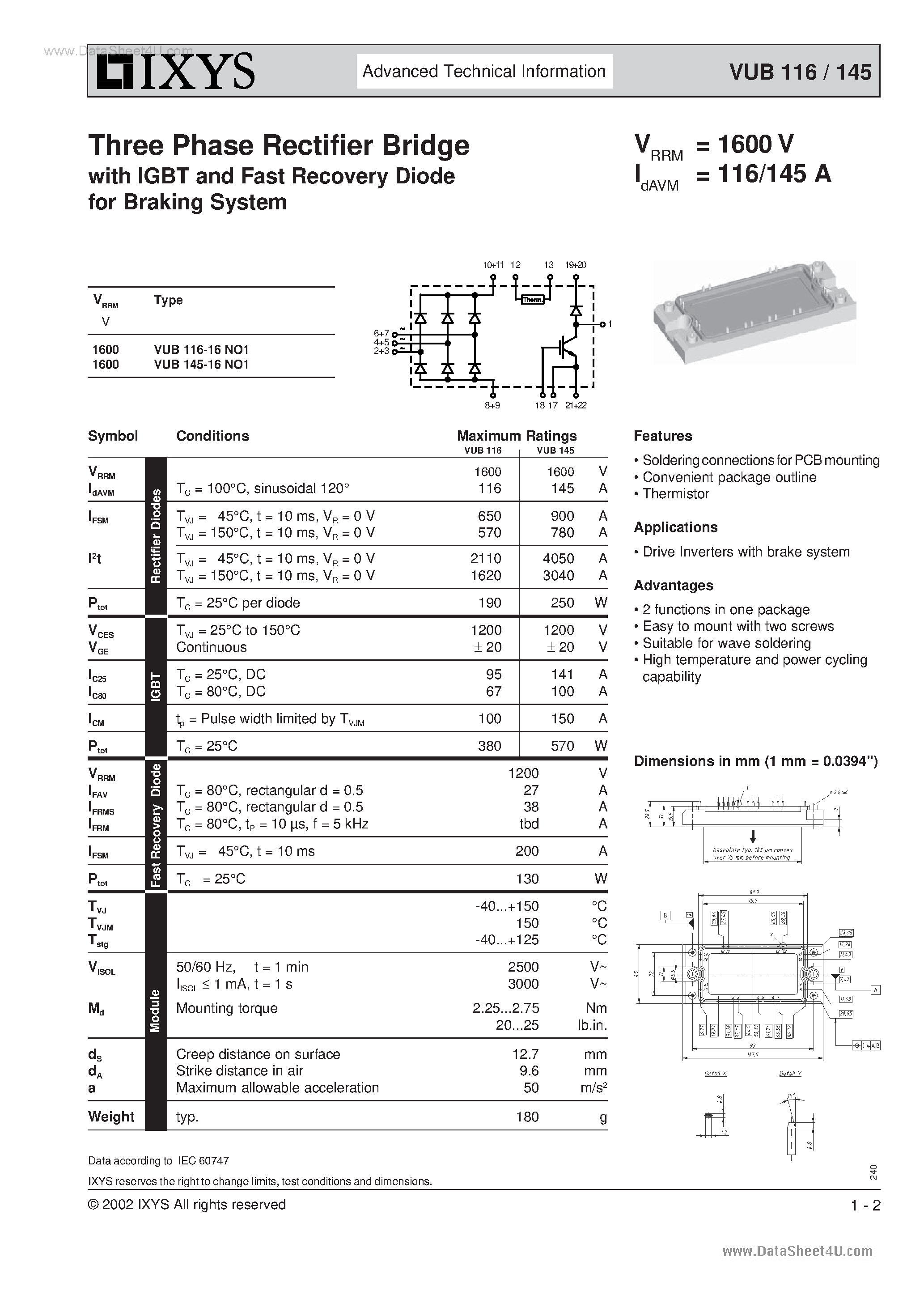 Datasheet VUB116 page 1 Datasheet VUB116 - (VUB116 / VUB145) Three Phase Rectifier Bridge page 1