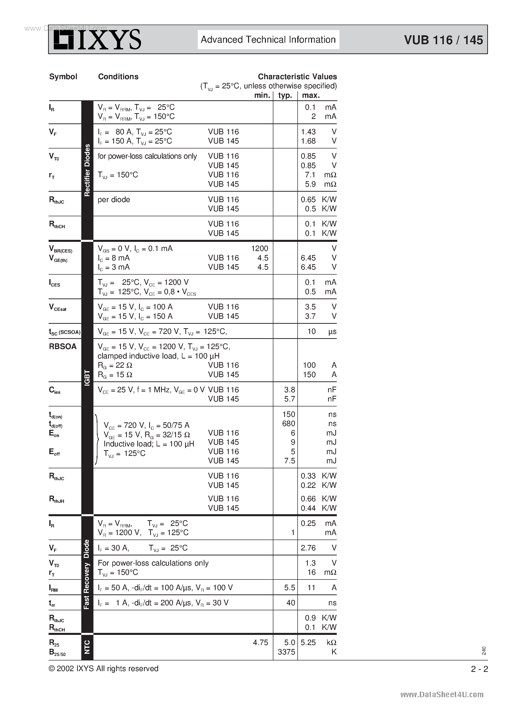 Datasheet VUB116 page 2 Datasheet VUB116 - (VUB116 / VUB145) Three Phase Rectifier Bridge page 2