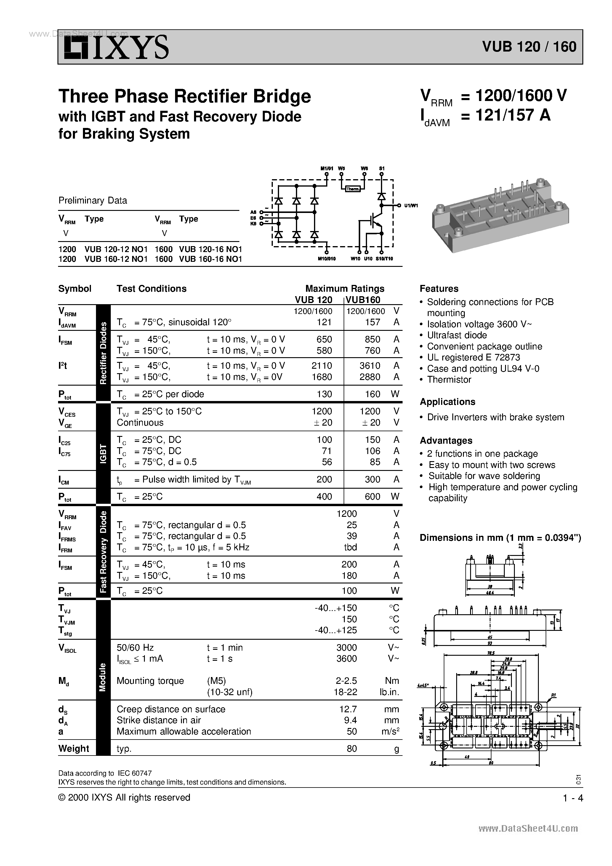 Datasheet VUB120 page 1 Datasheet VUB120 - (VUB120 / VUB160) Three Phase Rectifier Bridge page 1