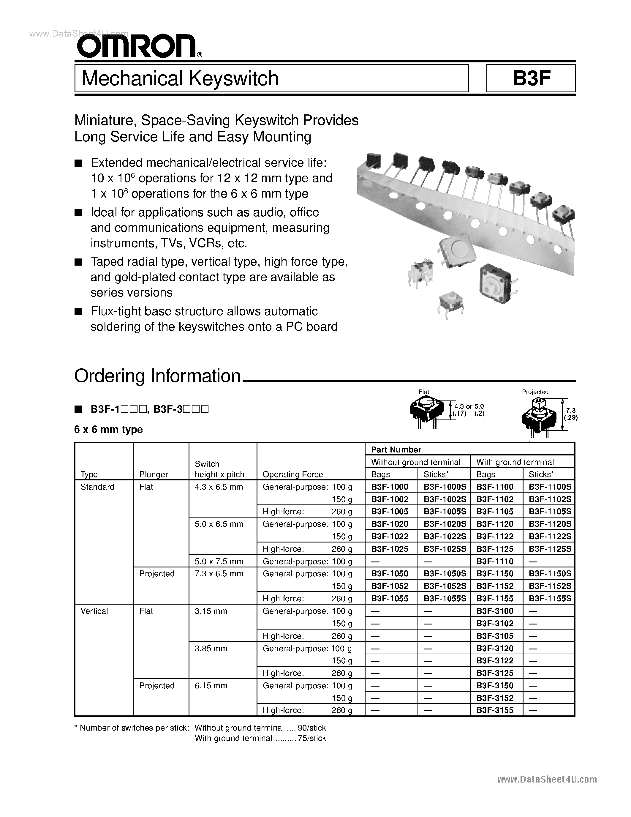 Даташит на микросхему B3F-10xx страница 1 Даташит B3F-10xx - (B3F Series) Tactile Switch страница 1